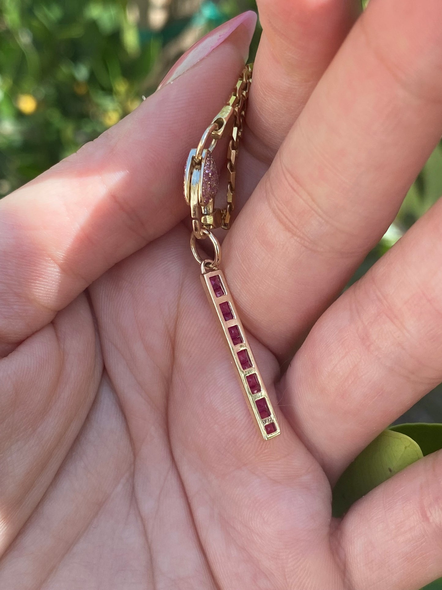 14K Gold 1 Carat Princess Cut Ruby Bar Pendant