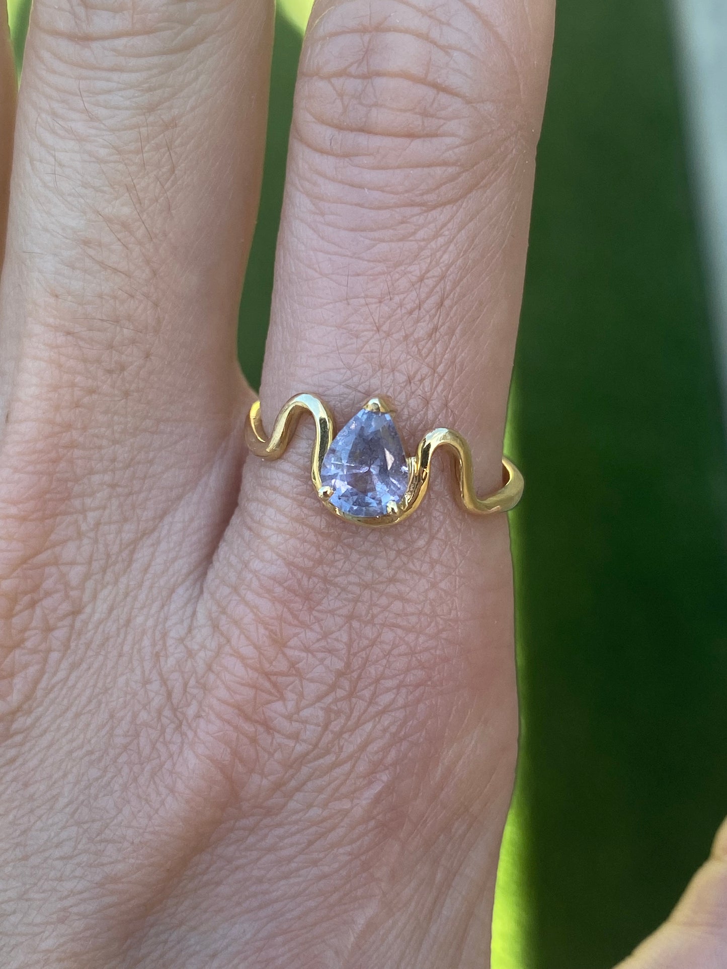 Athena: 14k Gold Wavy Gray Purple Pear Spinel Ring