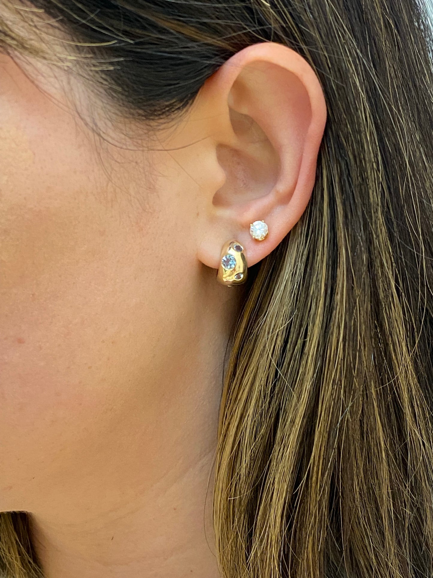 14k Gold Aquamarine Reversible Chubby Huggie Earrings