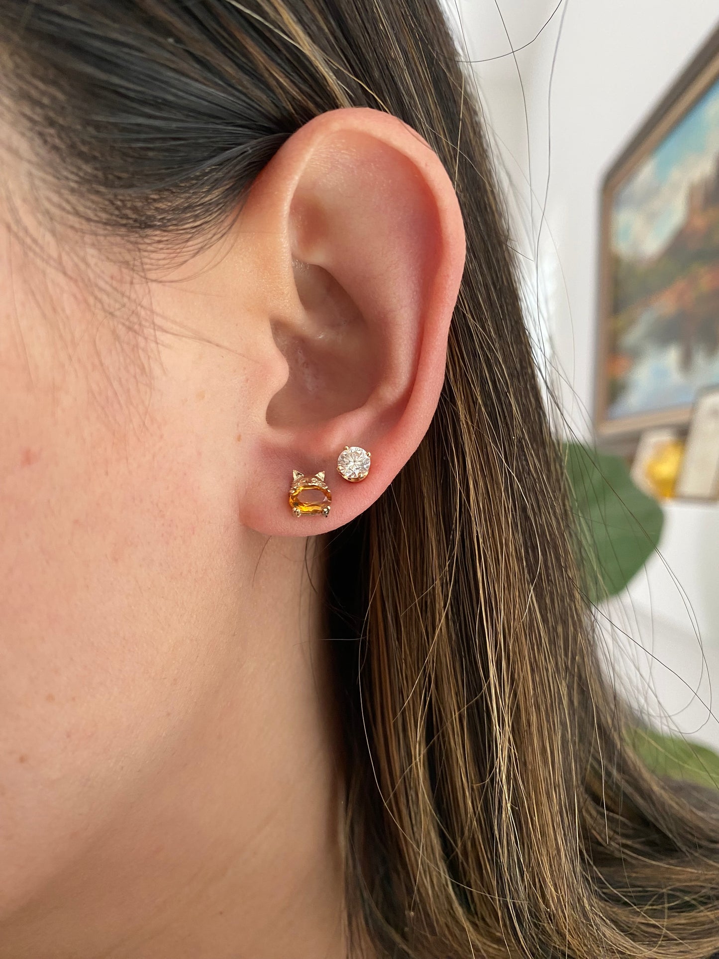 14k Gold Gemstone Kitty Cat Stud Earring