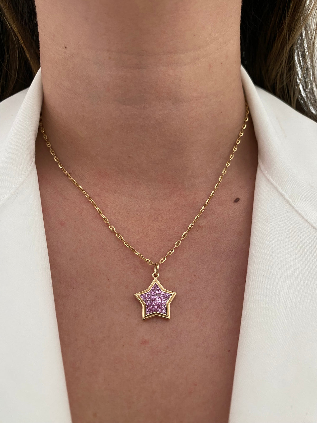The WISH: 14k invisible set pink sapphire star pendant