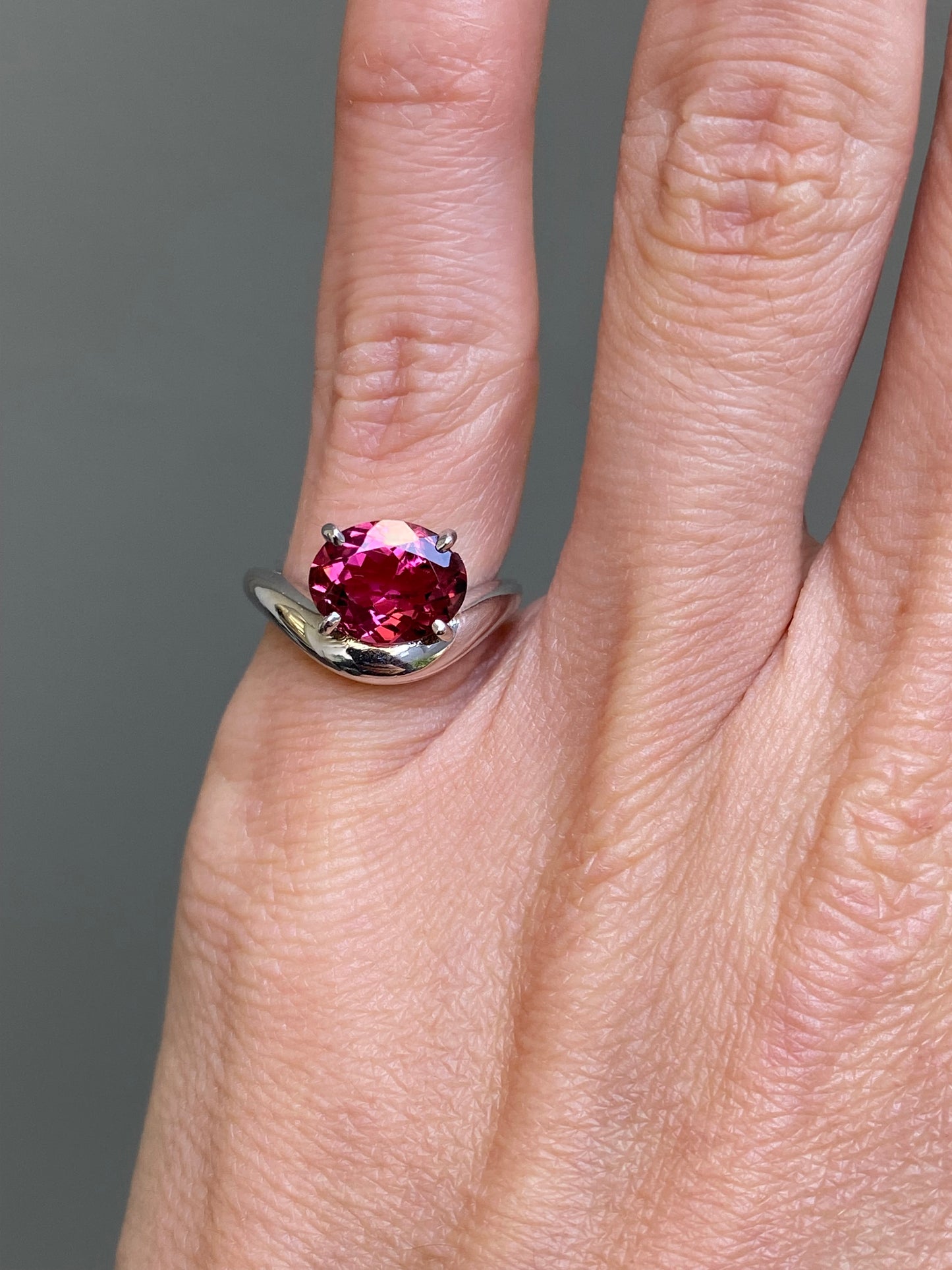 Billie : 14k White Gold Oval Pink Tourmaline Pinky Ring