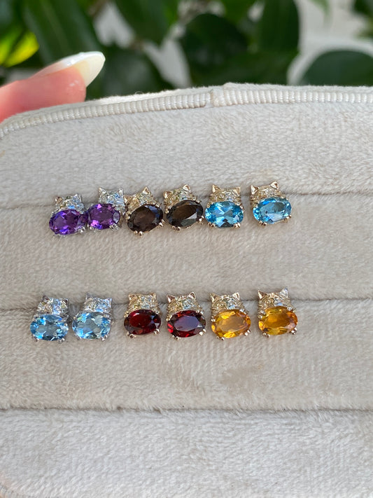 14k Gold Gemstone Kitty Cat Stud Earring
