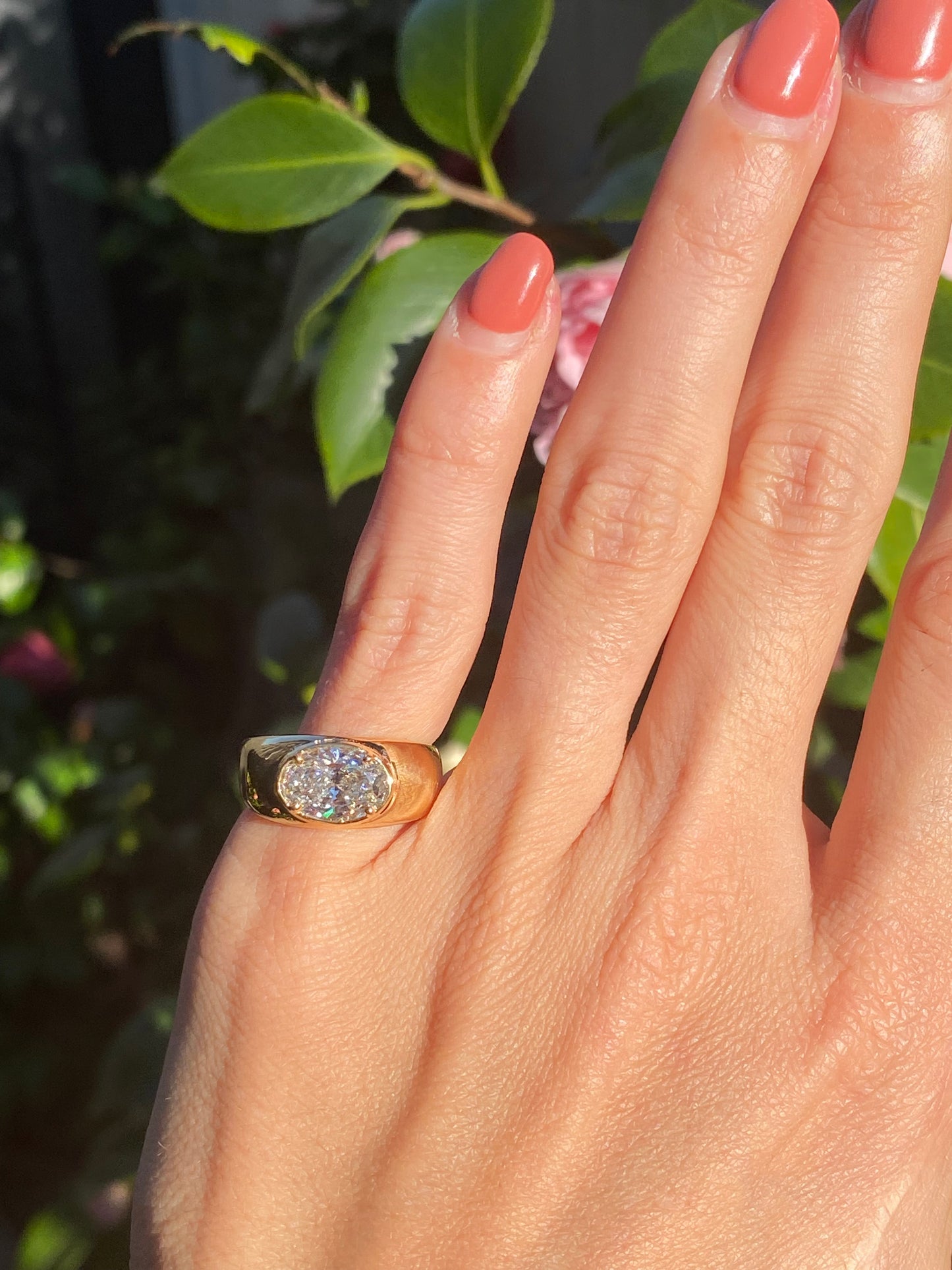 Blossom : 14k Gold Bezel Set Oval Chubby Diamond Ring