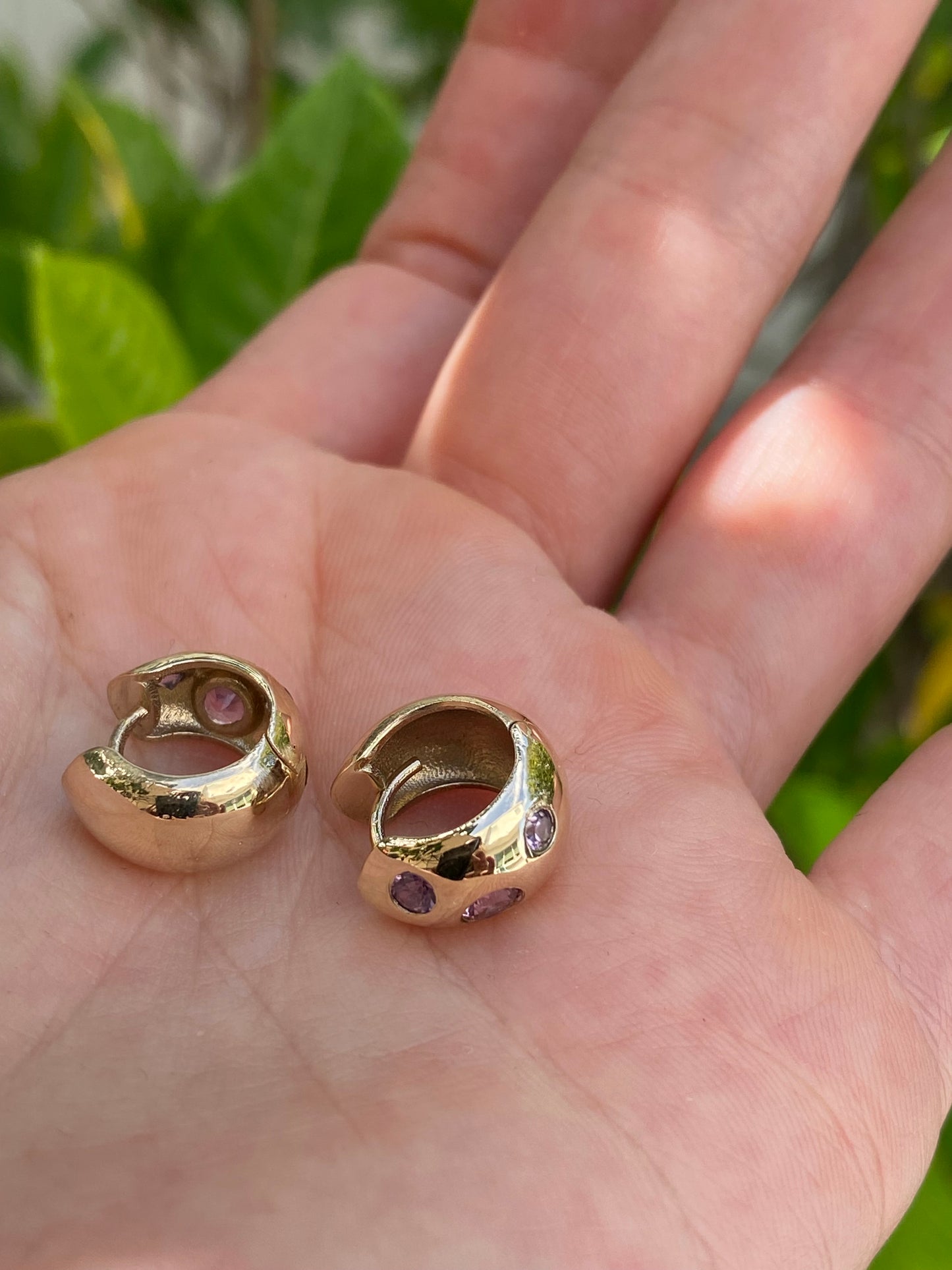 14k Gold Pink Sapphire Chubby Huggie Earrings