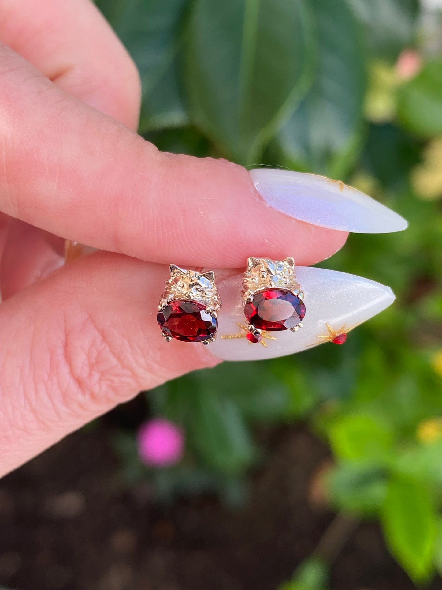 14k Gold Gemstone Kitty Cat Stud Earring