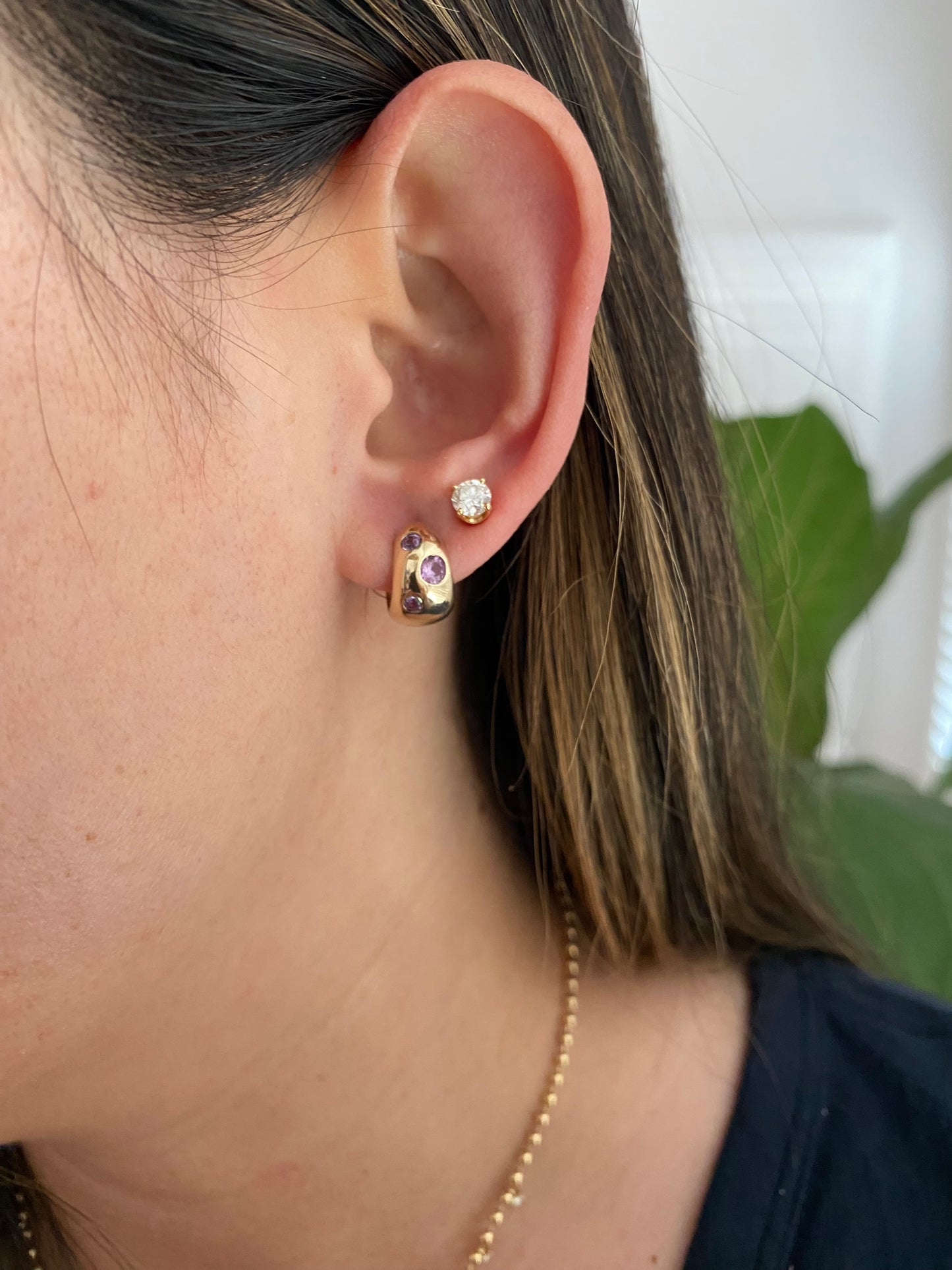 14k Gold Pink Sapphire Chubby Huggie Earrings