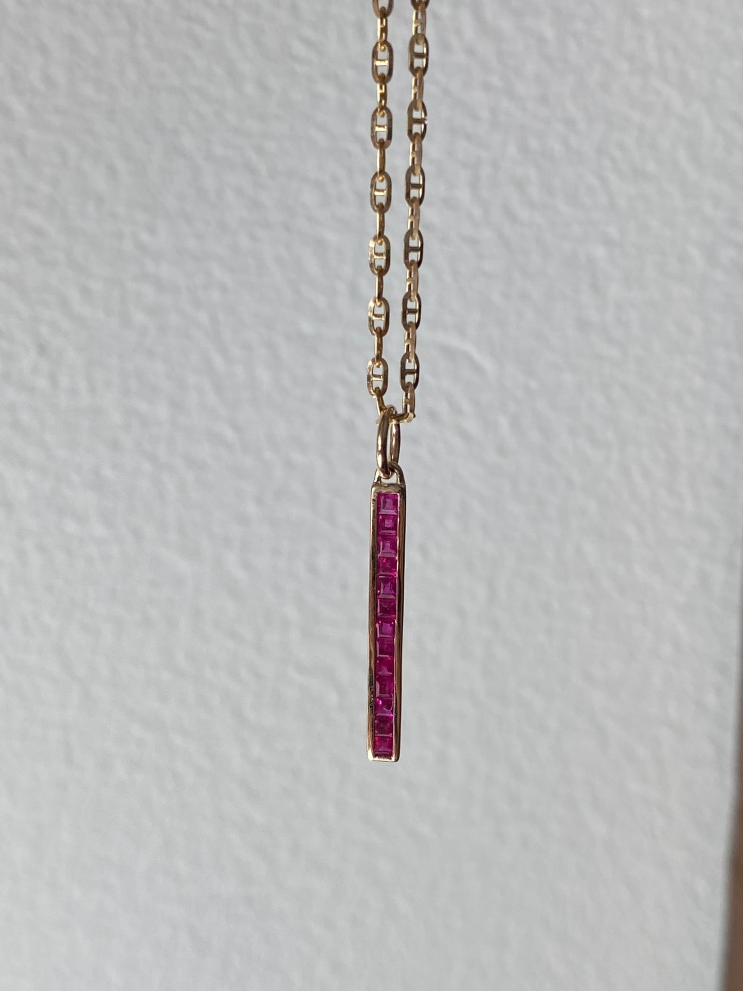 14K Gold 1 Carat Princess Cut Ruby Bar Pendant