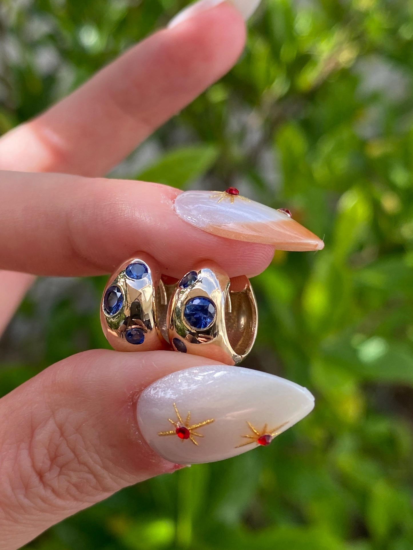 14k Gold Blue Sapphire Chubby Huggie Earrings