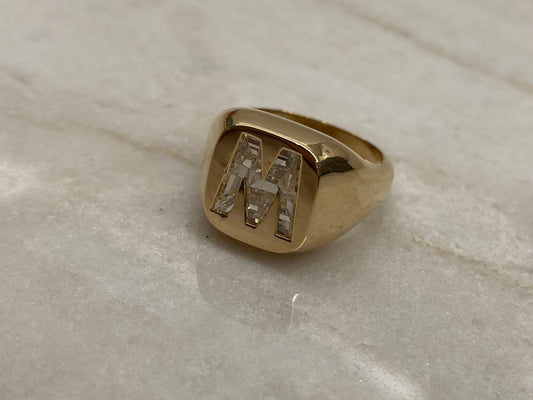 14K Gold Lab Diamond Letter M Signet Ring