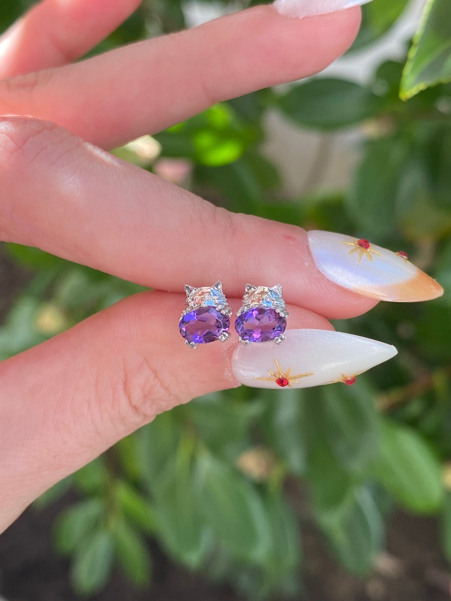 14k Gold Gemstone Kitty Cat Stud Earring