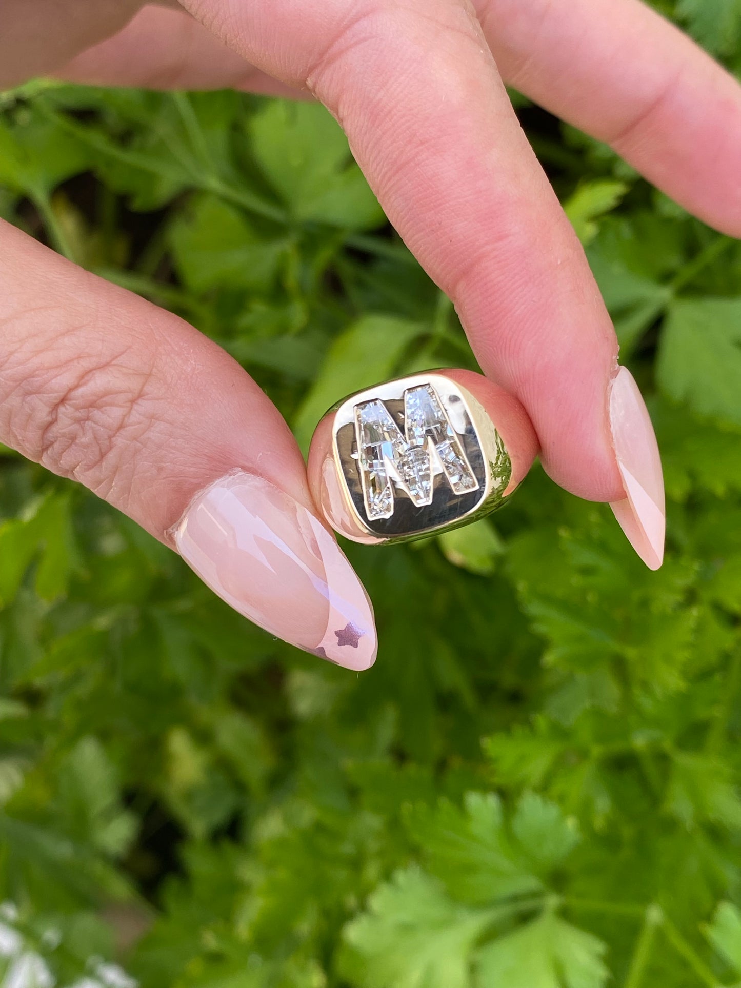 14K Gold Lab Diamond Letter M Signet Ring