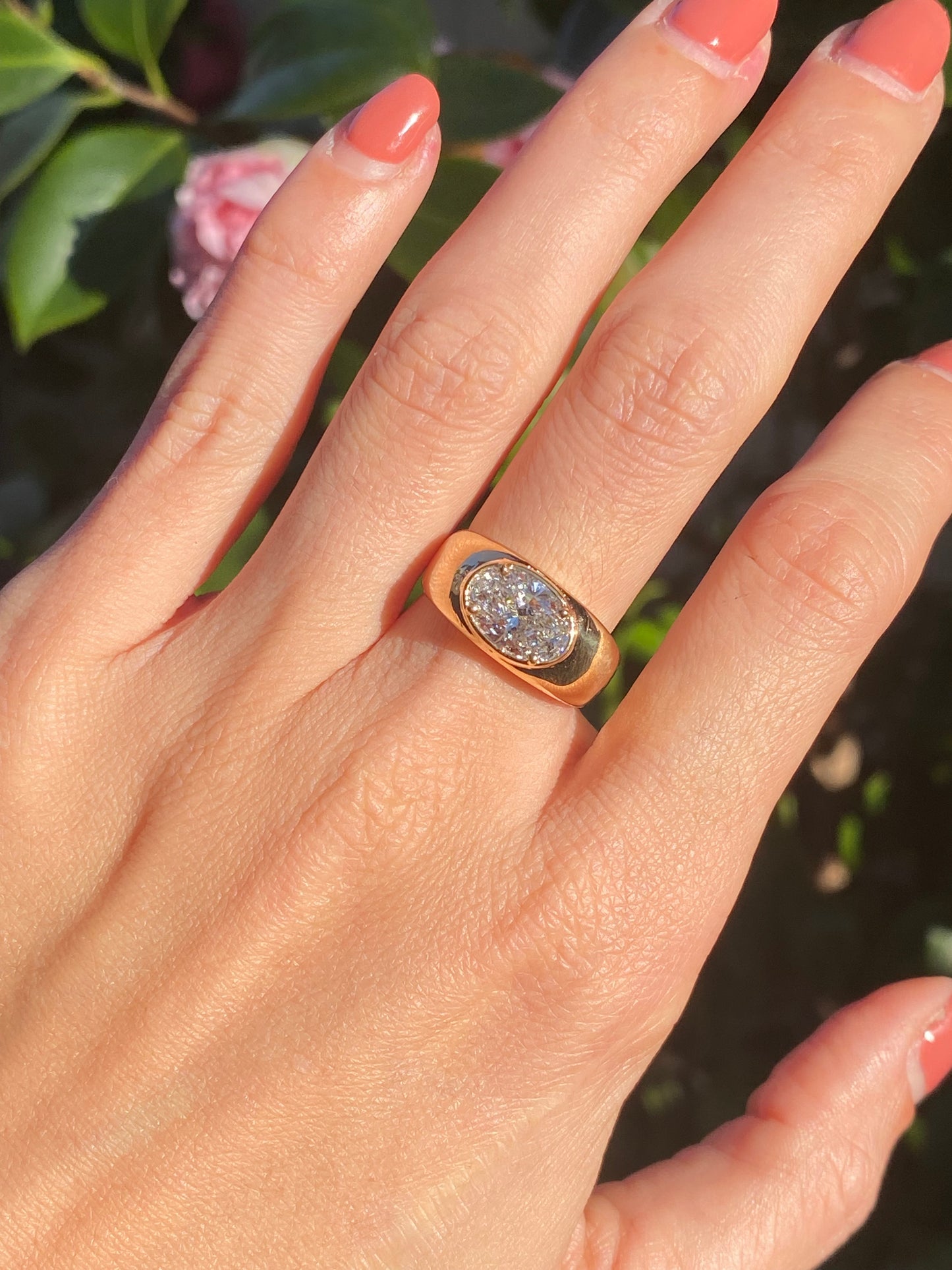 Blossom : 14k Gold Bezel Set Oval Chubby Diamond Ring