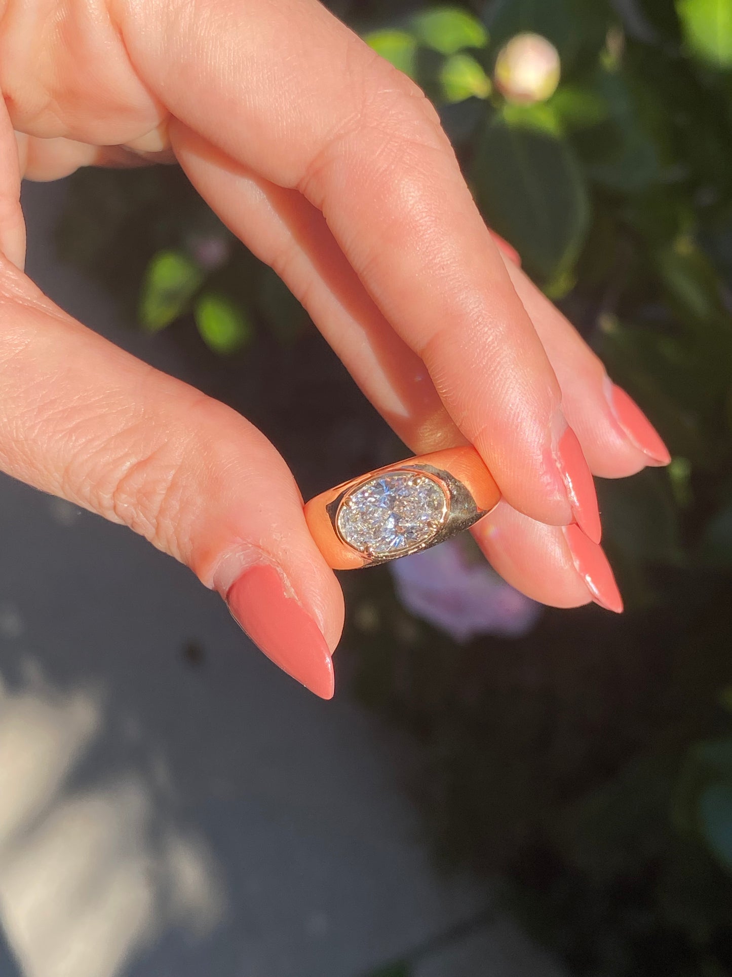Blossom : 14k Gold Bezel Set Oval Chubby Diamond Ring