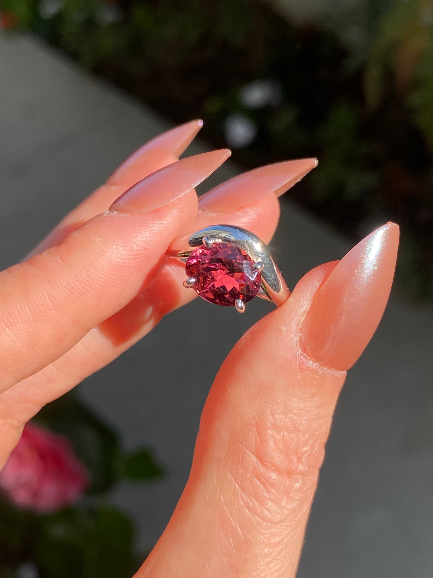 Billie : 14k White Gold Oval Pink Tourmaline Pinky Ring