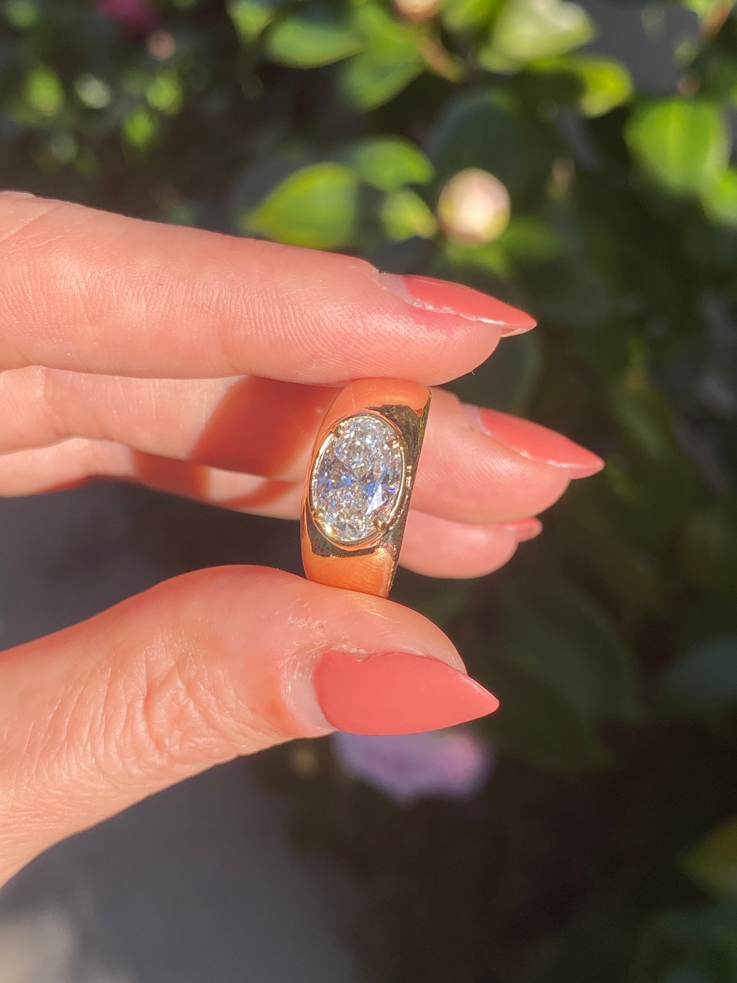 Blossom : 14k Gold Bezel Set Oval Chubby Diamond Ring