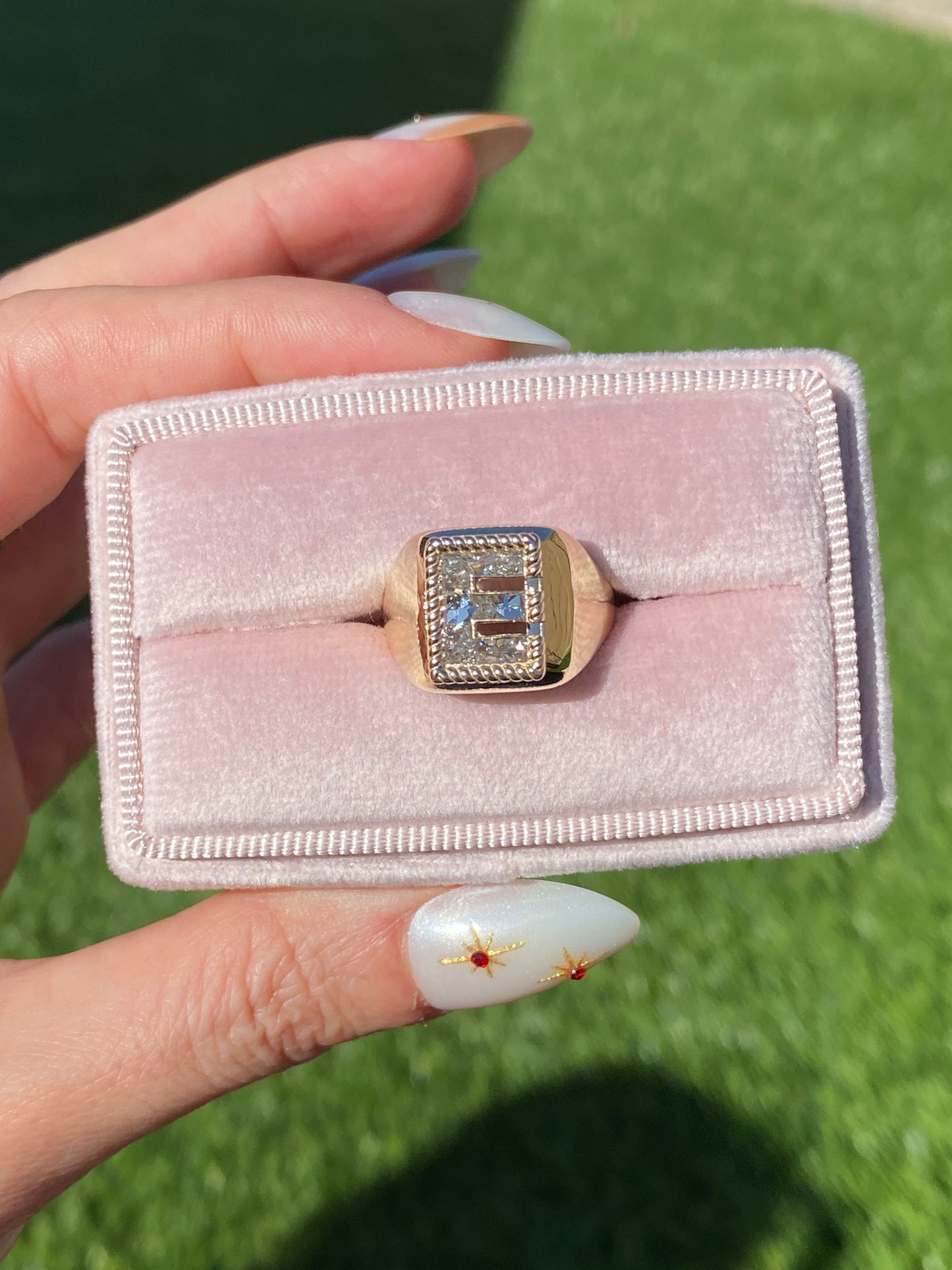 14K Gold Diamond Lab Letter “E” Signet Ring