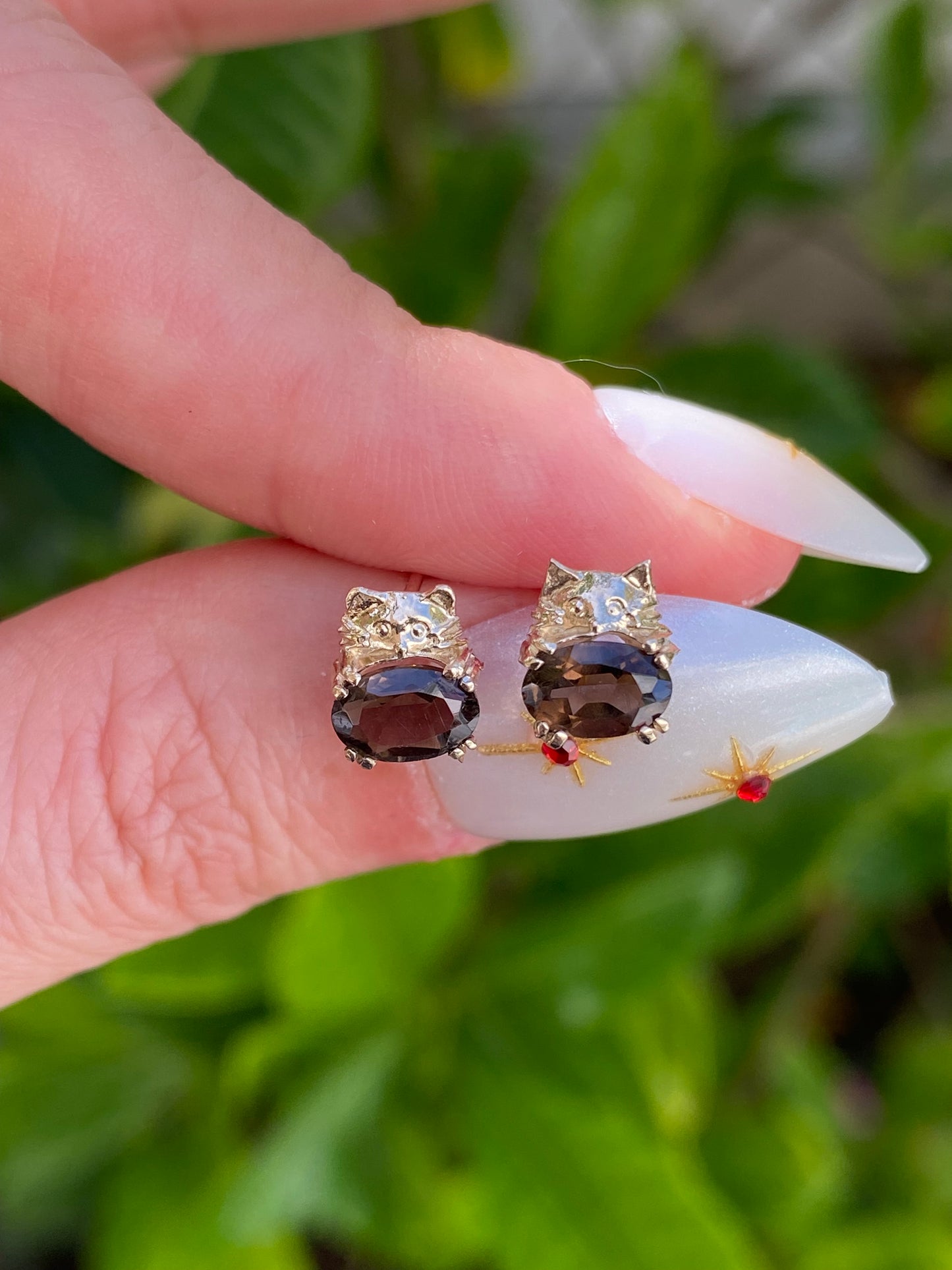 14k Gold Gemstone Kitty Cat Stud Earring