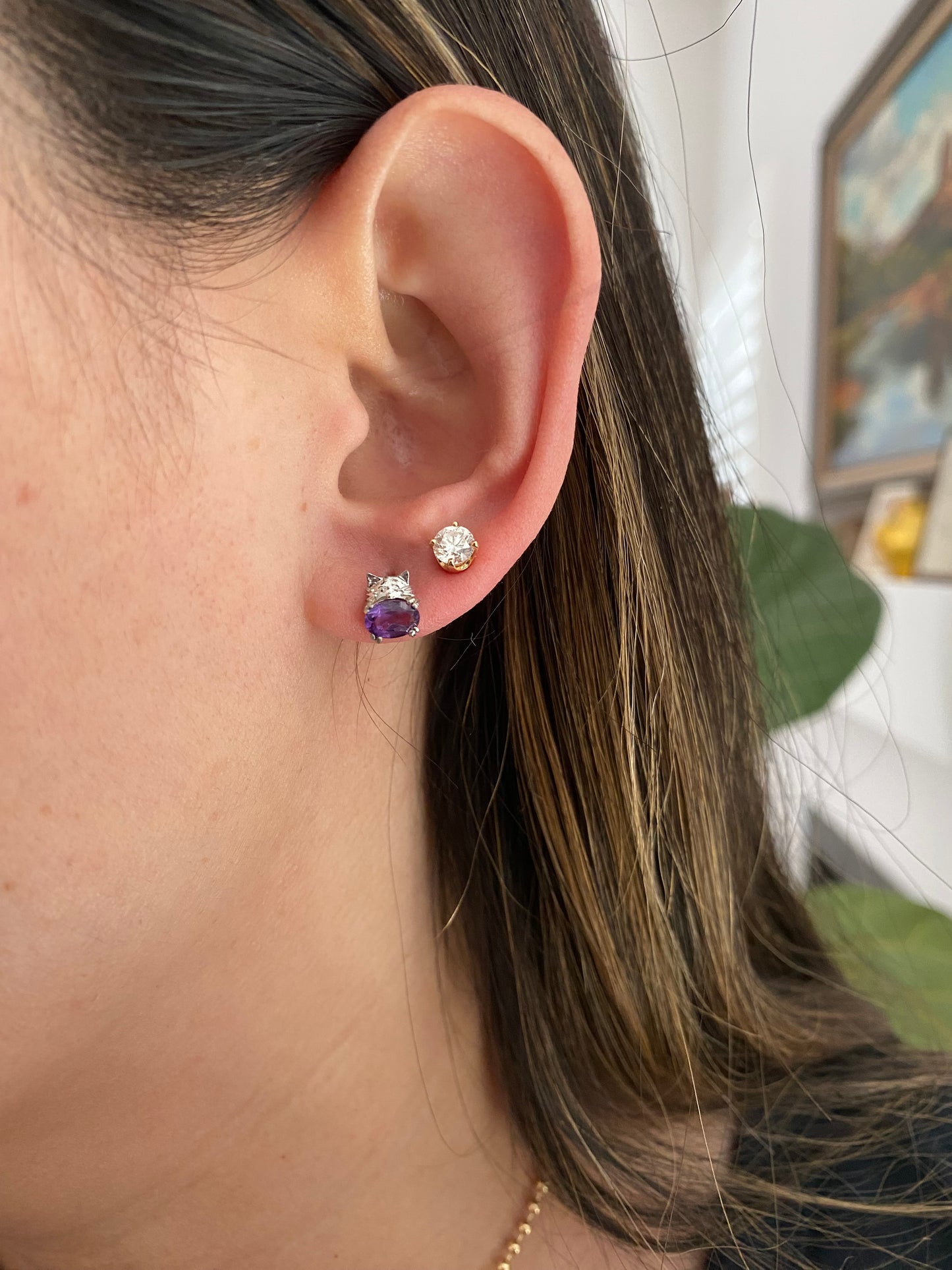 14k Gold Gemstone Kitty Cat Stud Earring