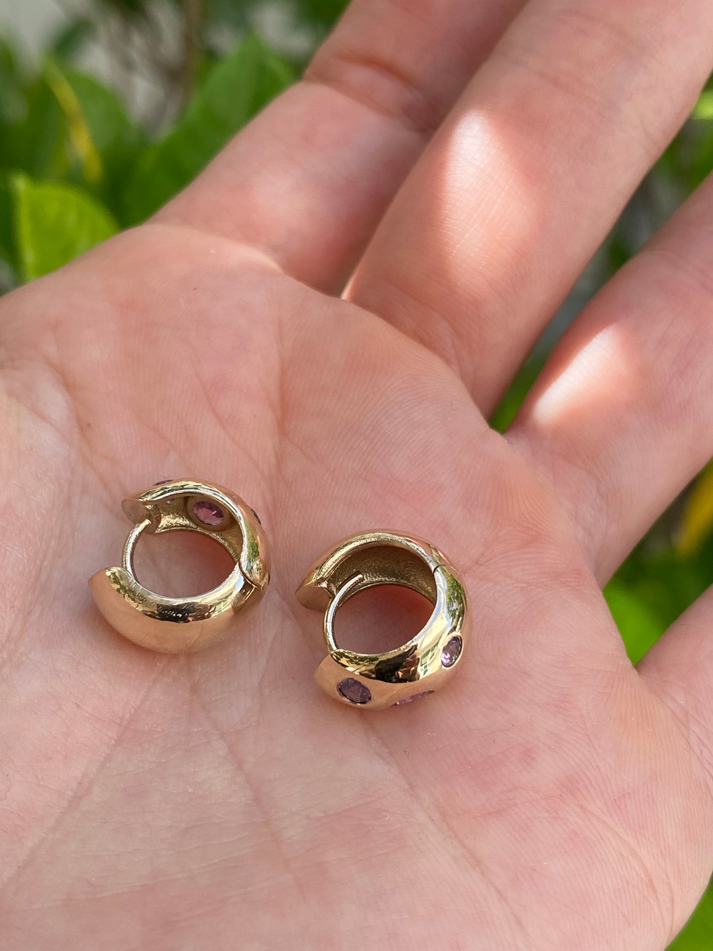 14k Gold Pink Sapphire Chubby Huggie Earrings
