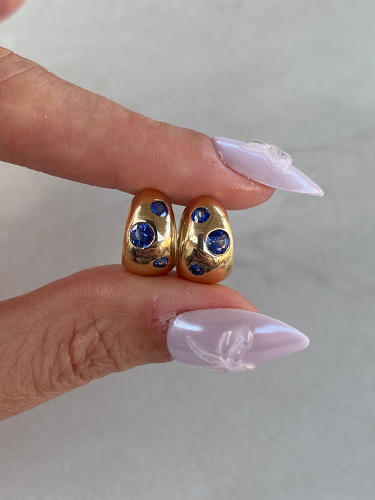 14k Gold Blue Sapphire Chubby Huggie Earrings