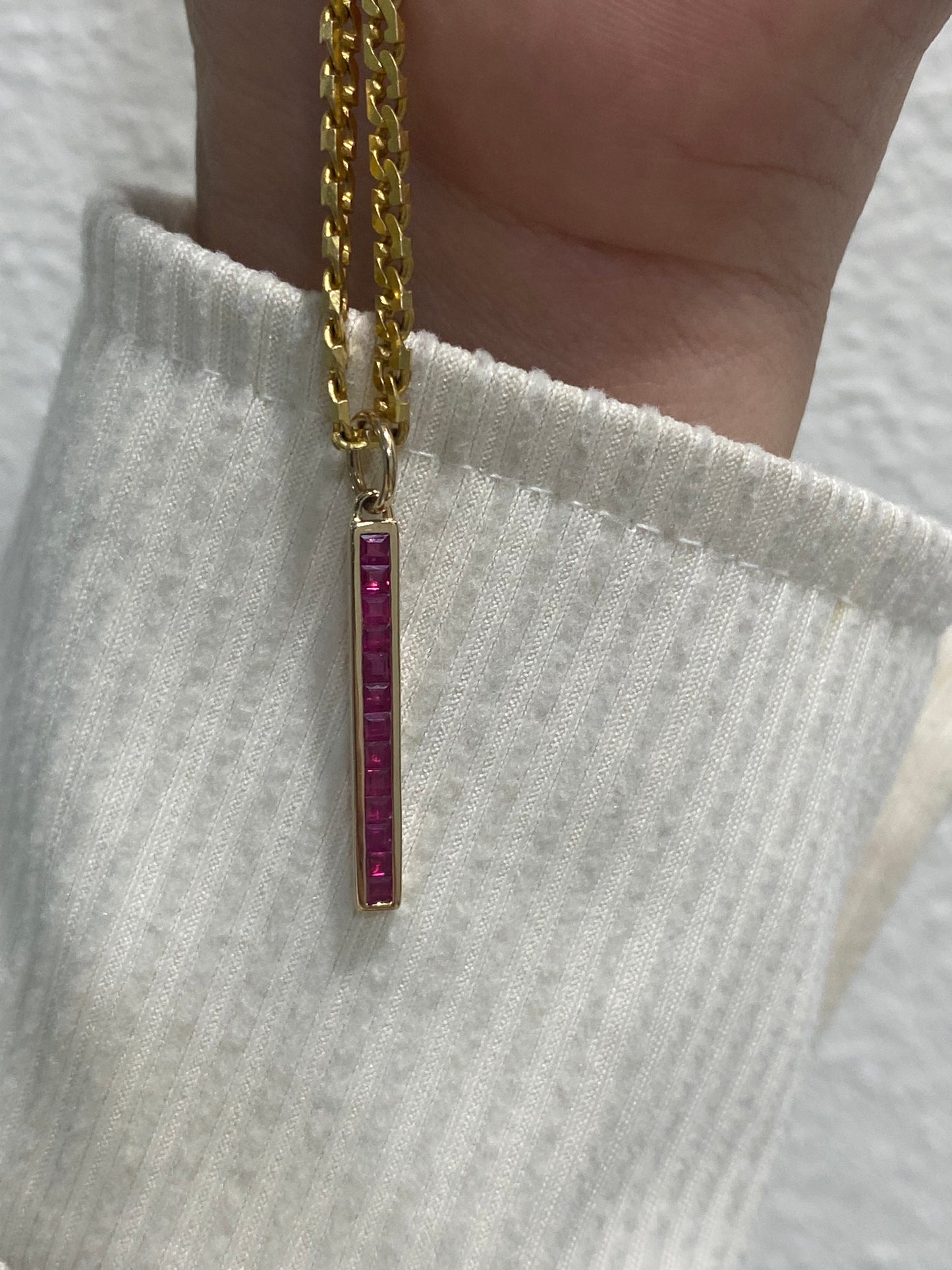 14K Gold 1 Carat Princess Cut Ruby Bar Pendant