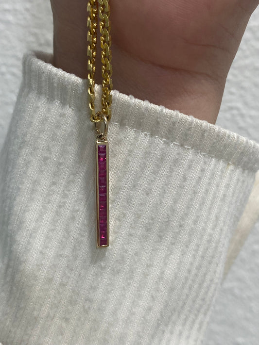 14K Gold 1 Carat Princess Cut Ruby Bar Pendant