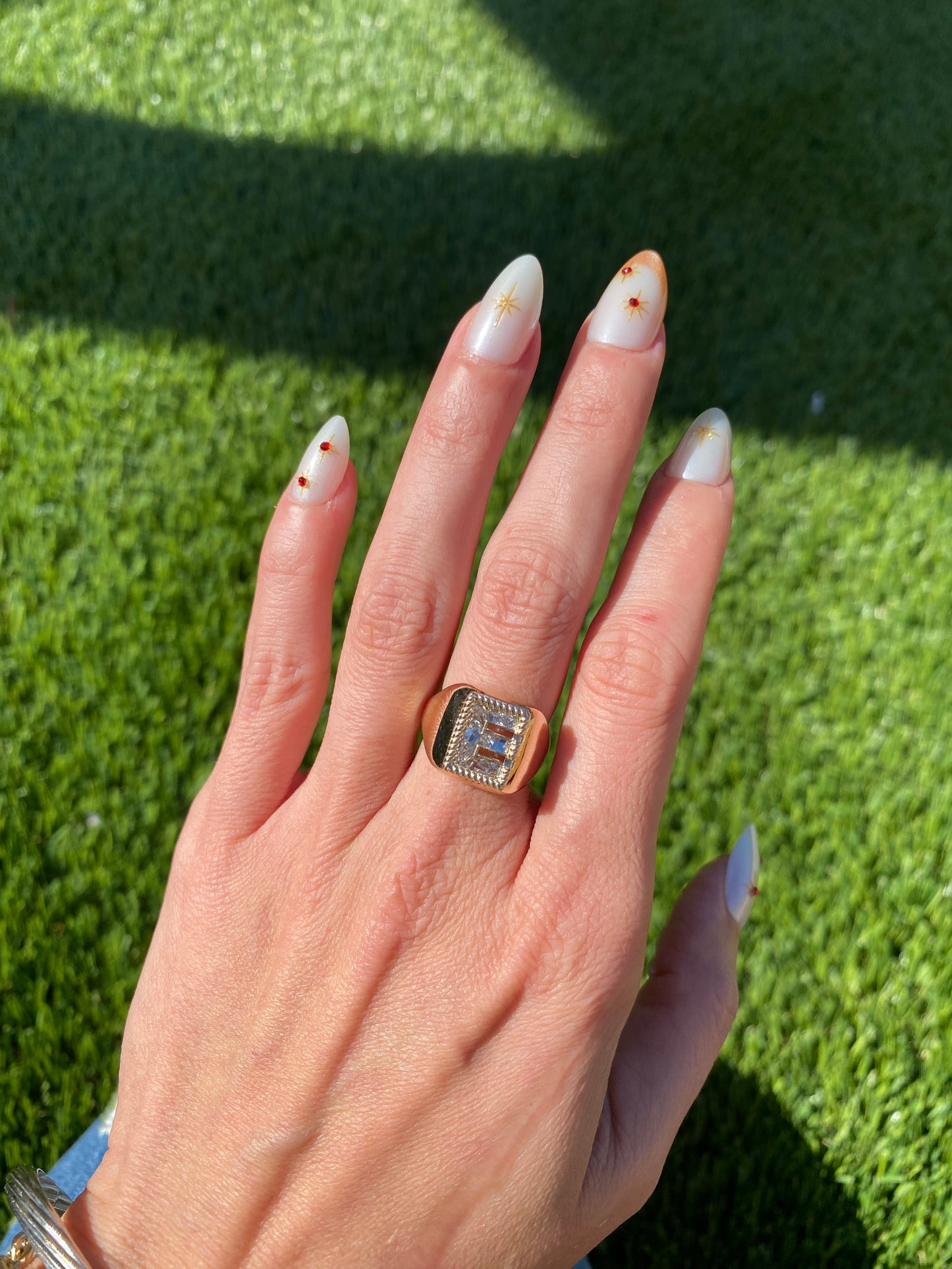 14K Gold Diamond Lab Letter “E” Signet Ring