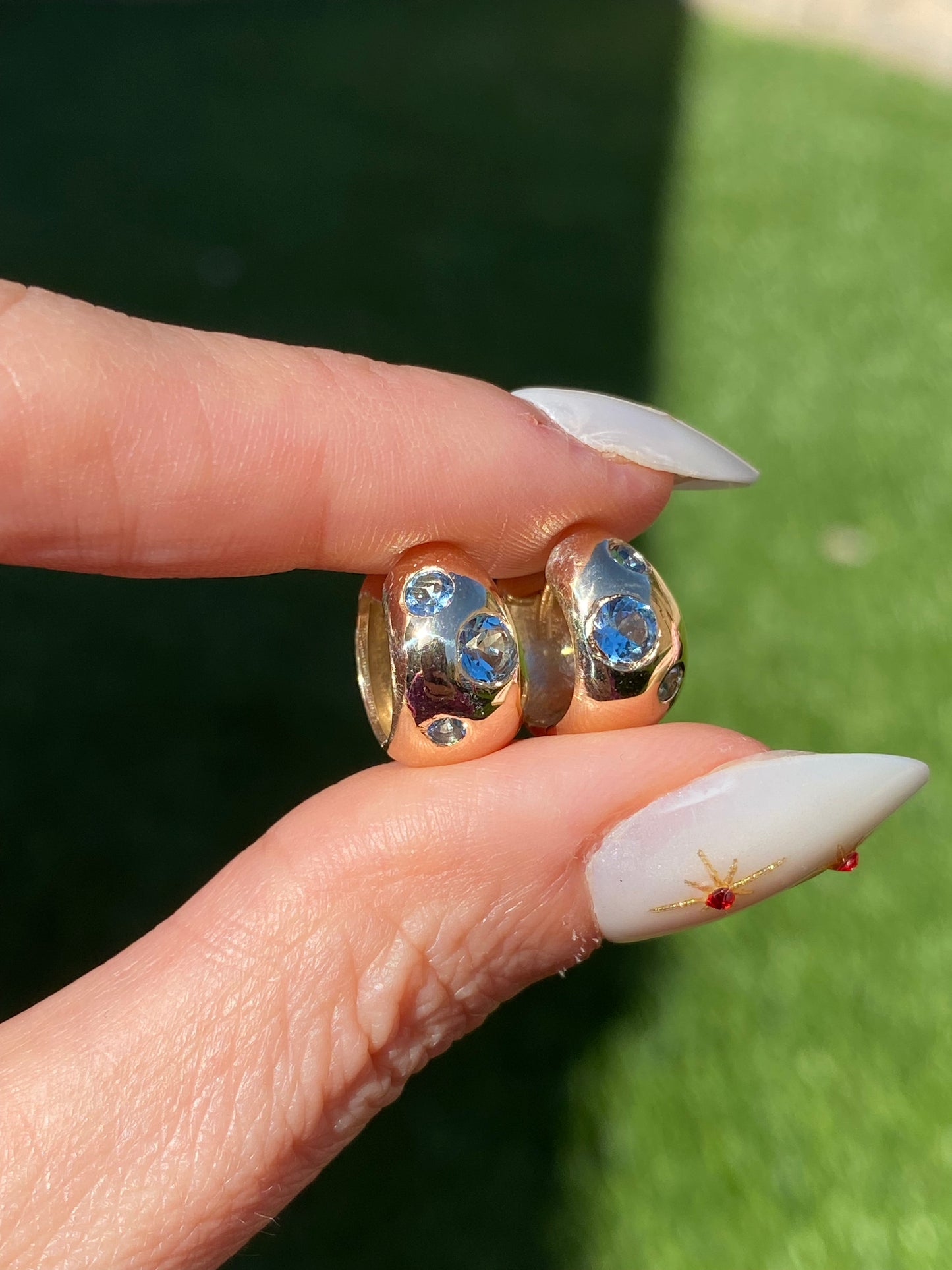 14k Gold Aquamarine Reversible Chubby Huggie Earrings
