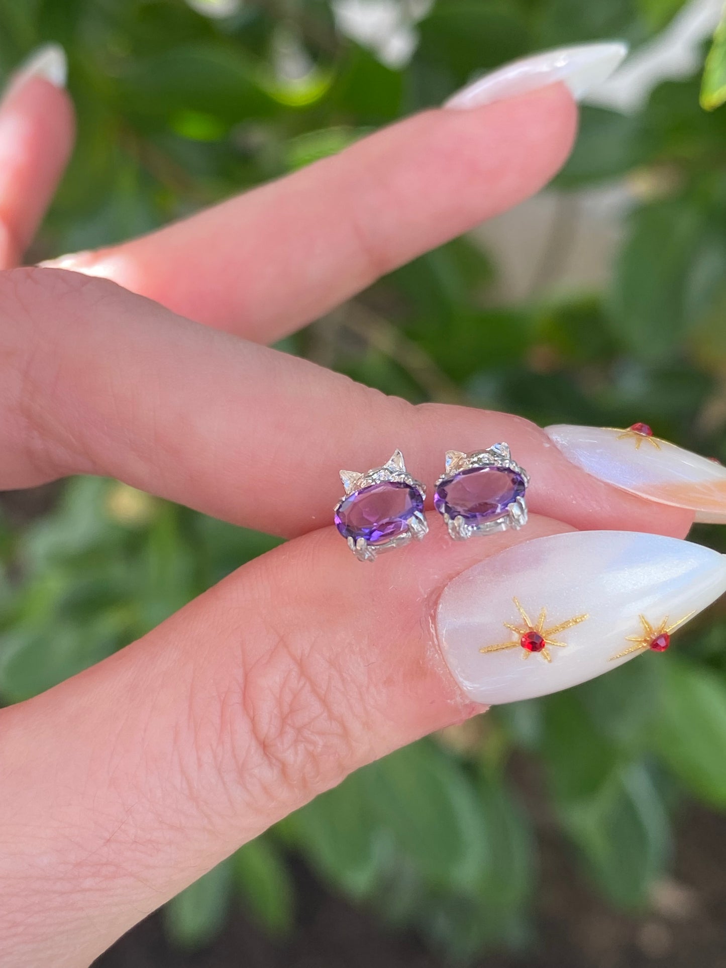 14k Gold Gemstone Kitty Cat Stud Earring