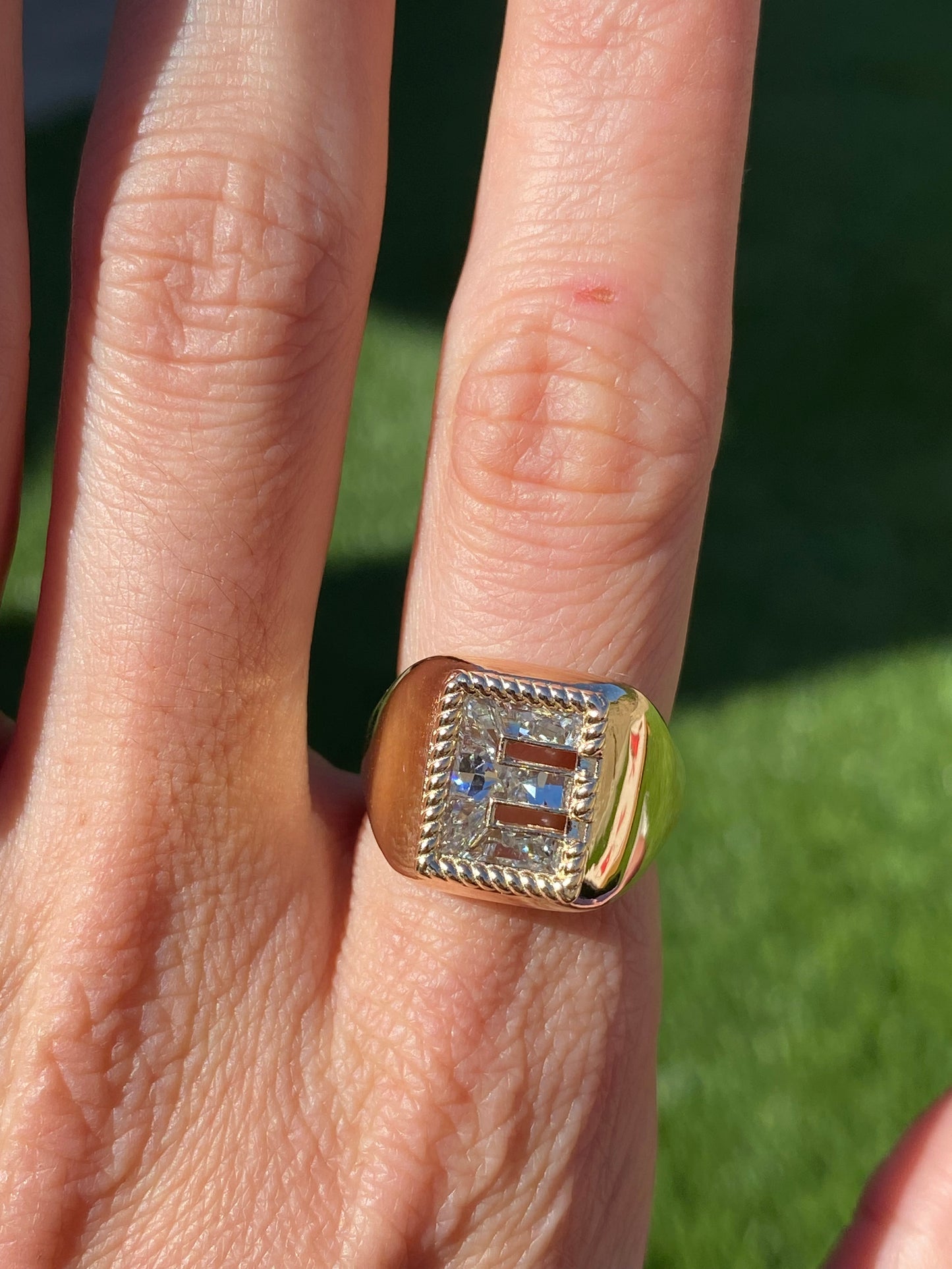 14K Gold Diamond Lab Letter “E” Signet Ring