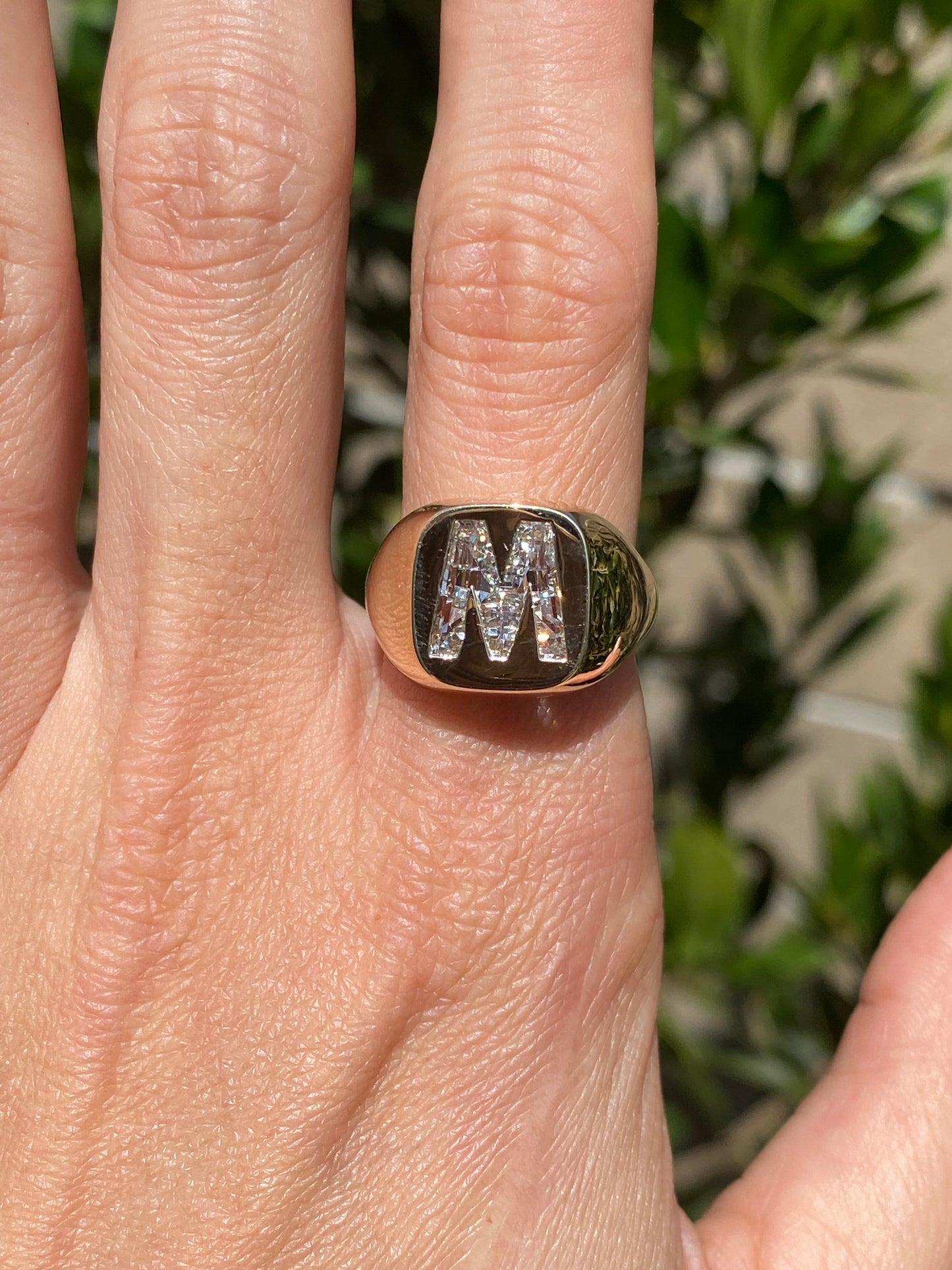 14K Gold Lab Diamond Letter M Signet Ring