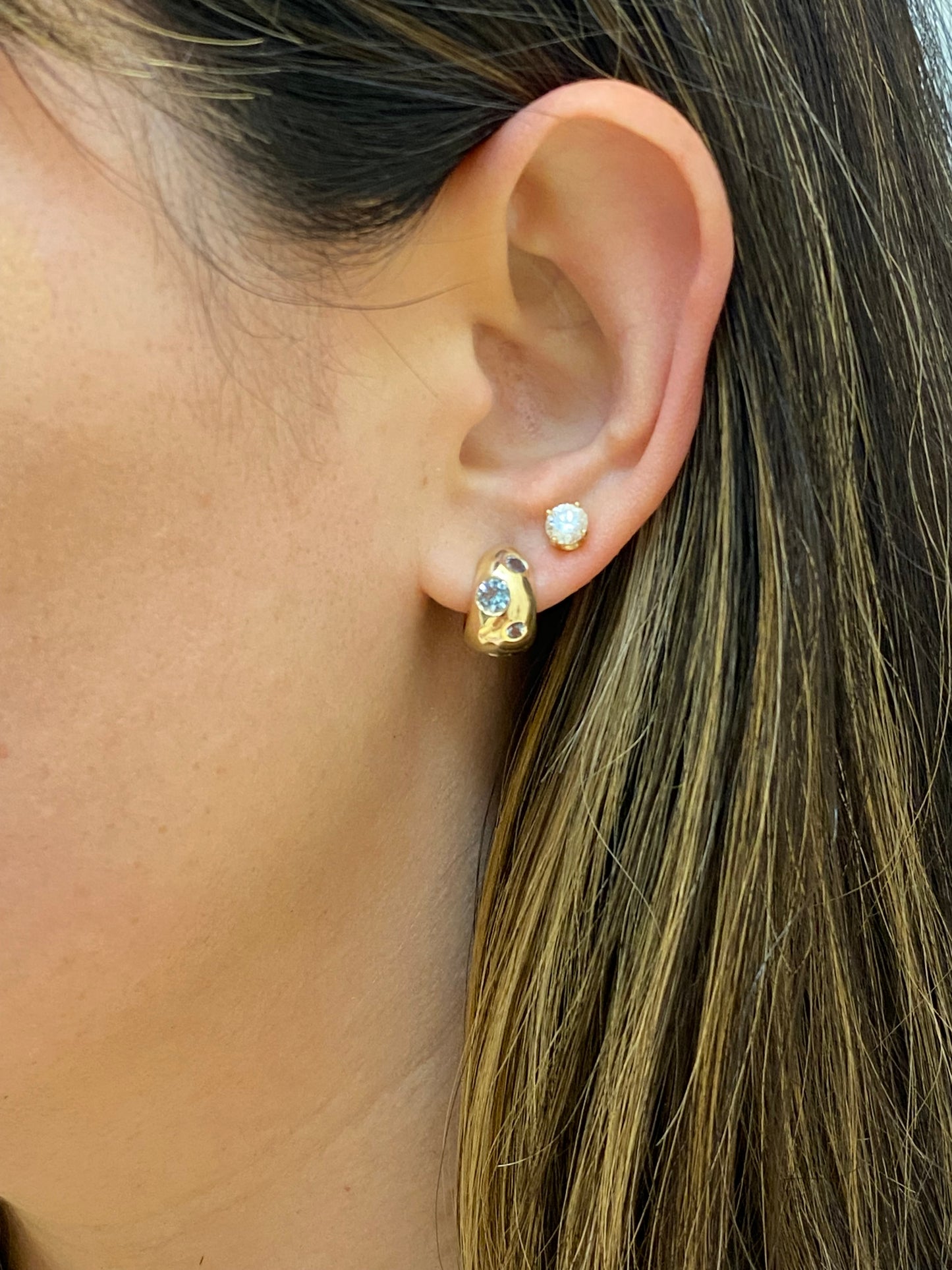 14k Gold Aquamarine Reversible Chubby Huggie Earrings