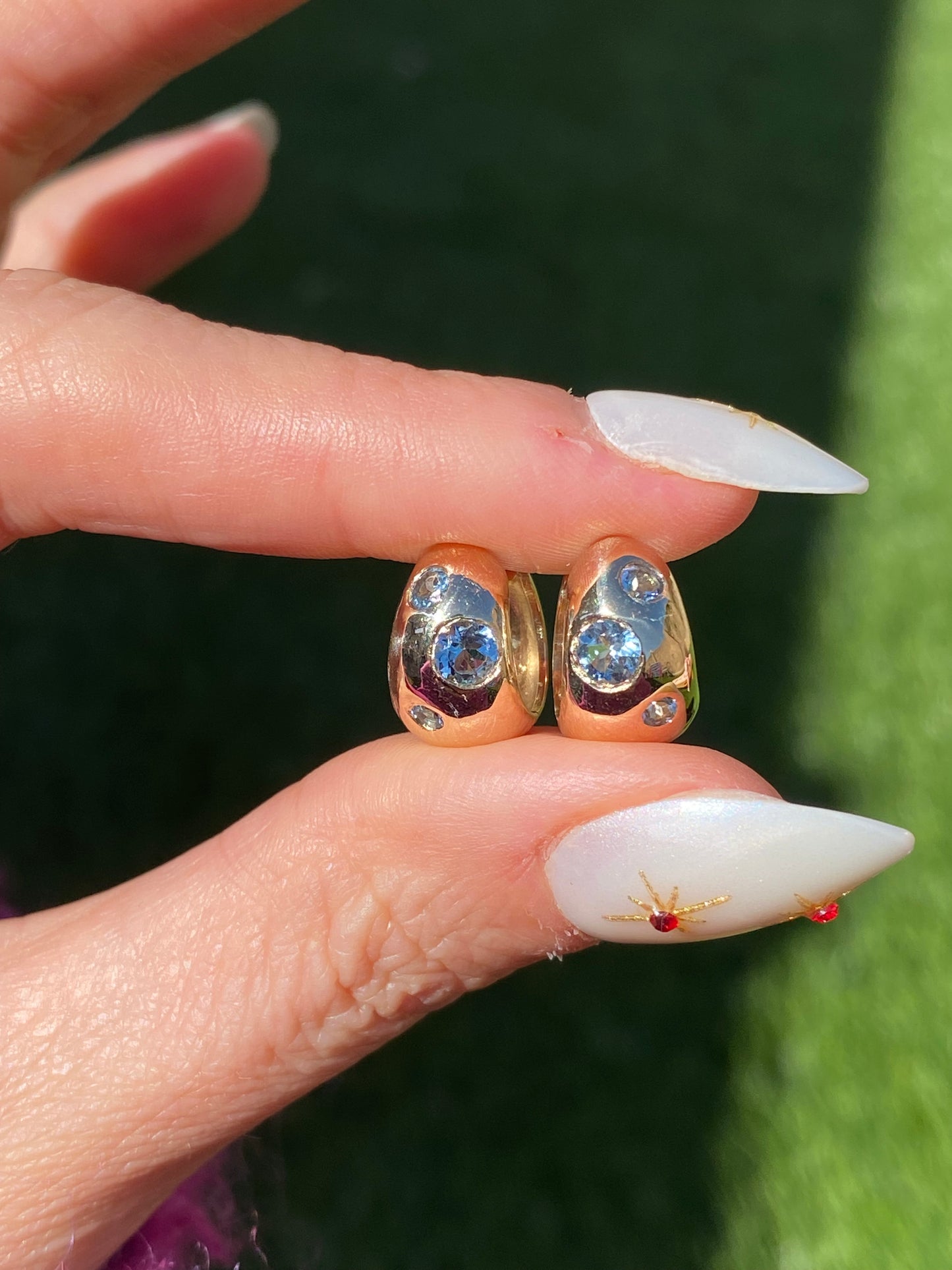 14k Gold Aquamarine Reversible Chubby Huggie Earrings