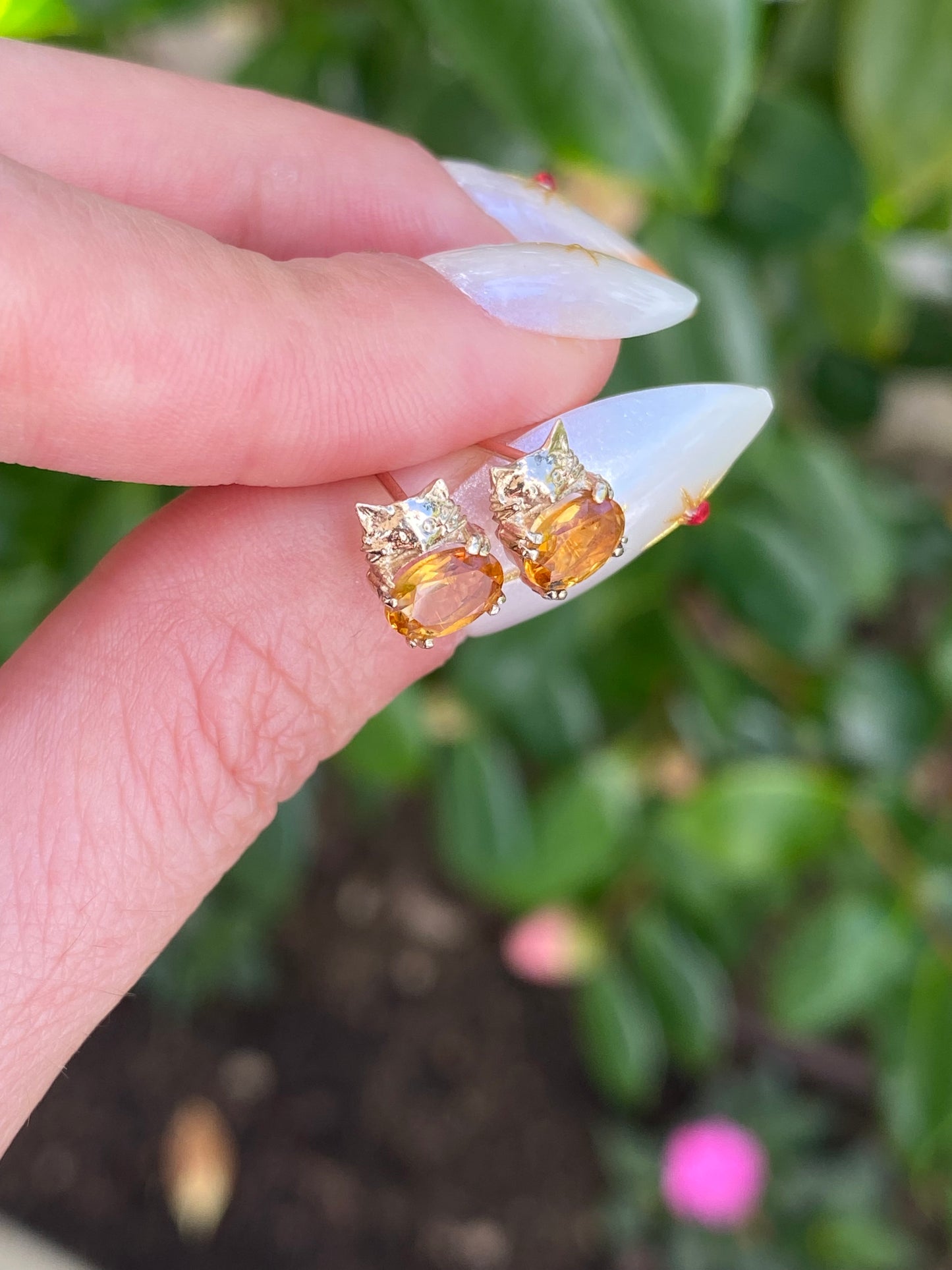 14k Gold Gemstone Kitty Cat Stud Earring