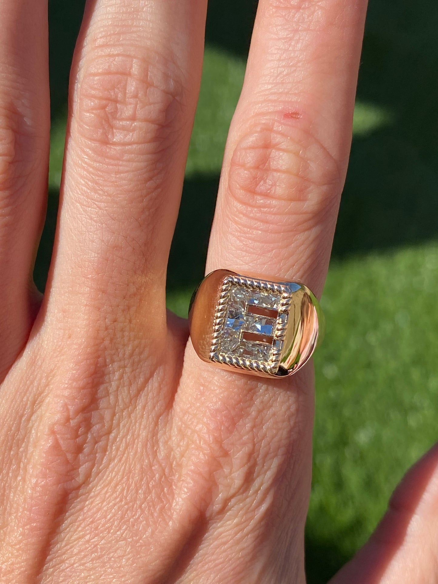 14K Gold Diamond Lab Letter “E” Signet Ring