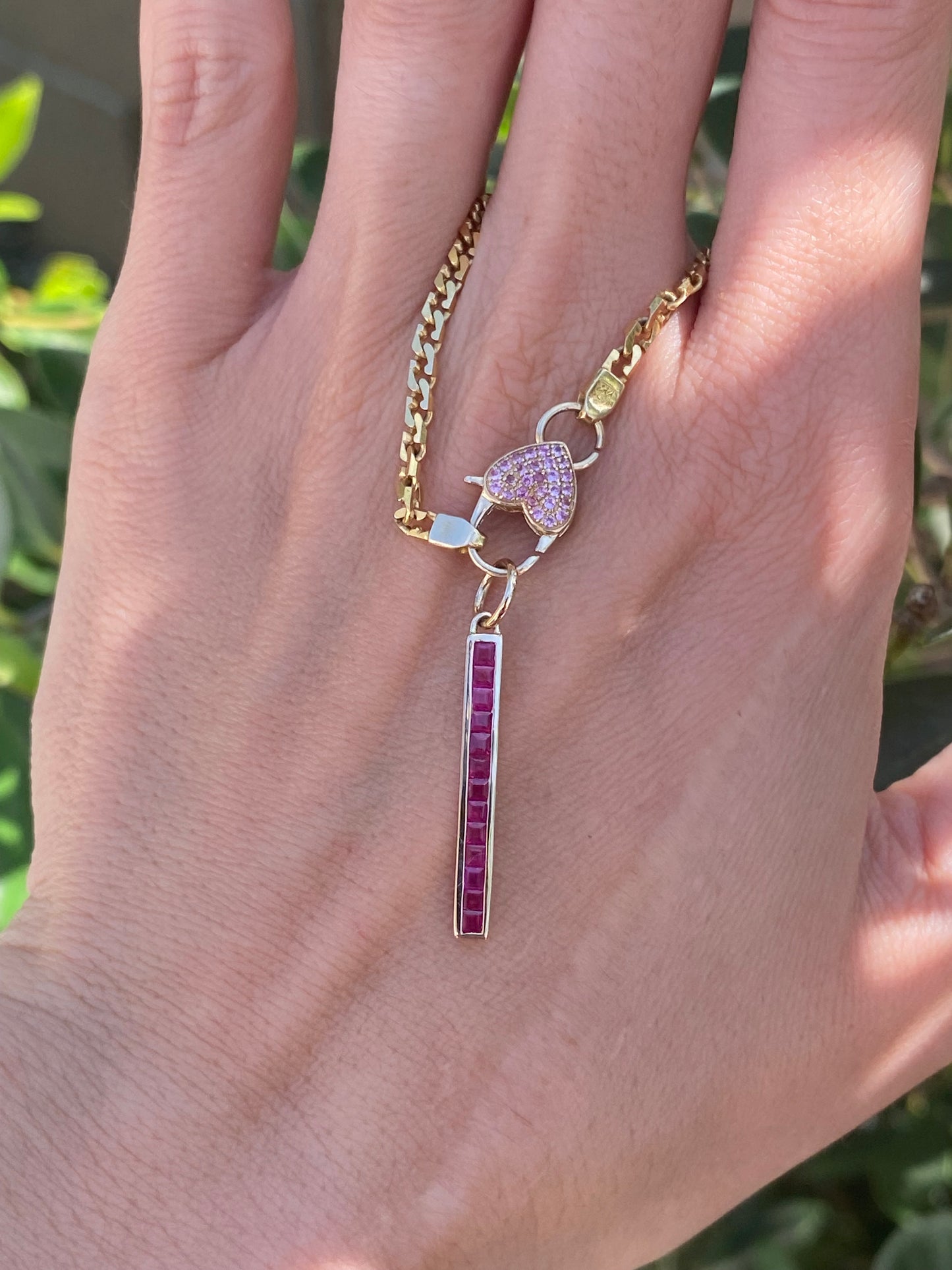 14K Gold 1 Carat Princess Cut Ruby Bar Pendant