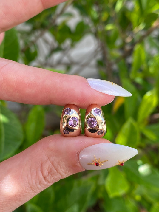 14k Gold Pink Sapphire Chubby Huggie Earrings