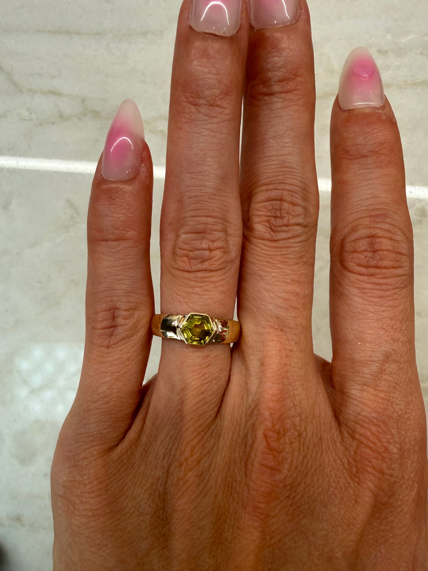 Juliette: 14k Gold Green Sapphire Hexagon Signet Ring
