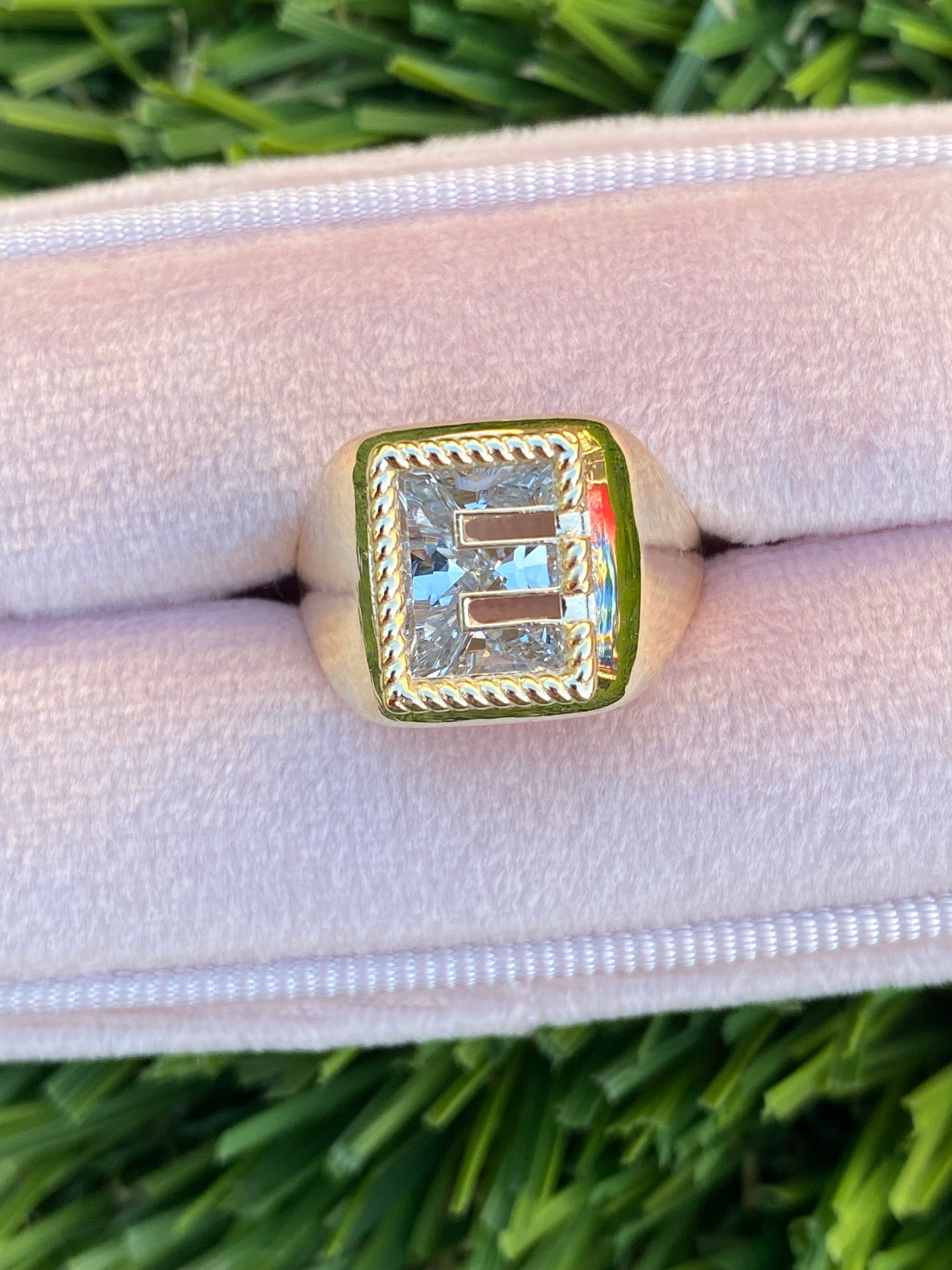 14K Gold Diamond Lab Letter “E” Signet Ring