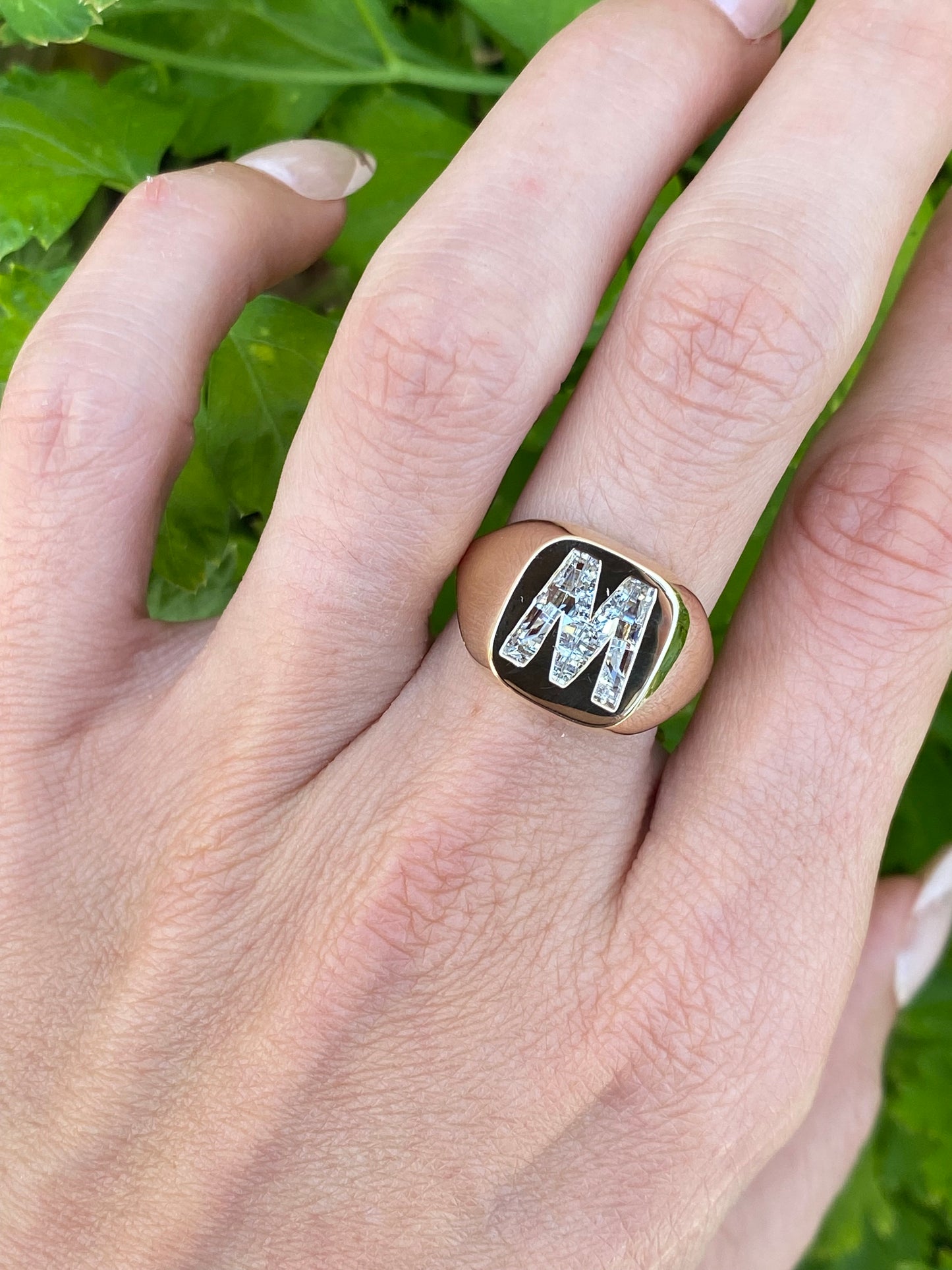 14K Gold Lab Diamond Letter M Signet Ring