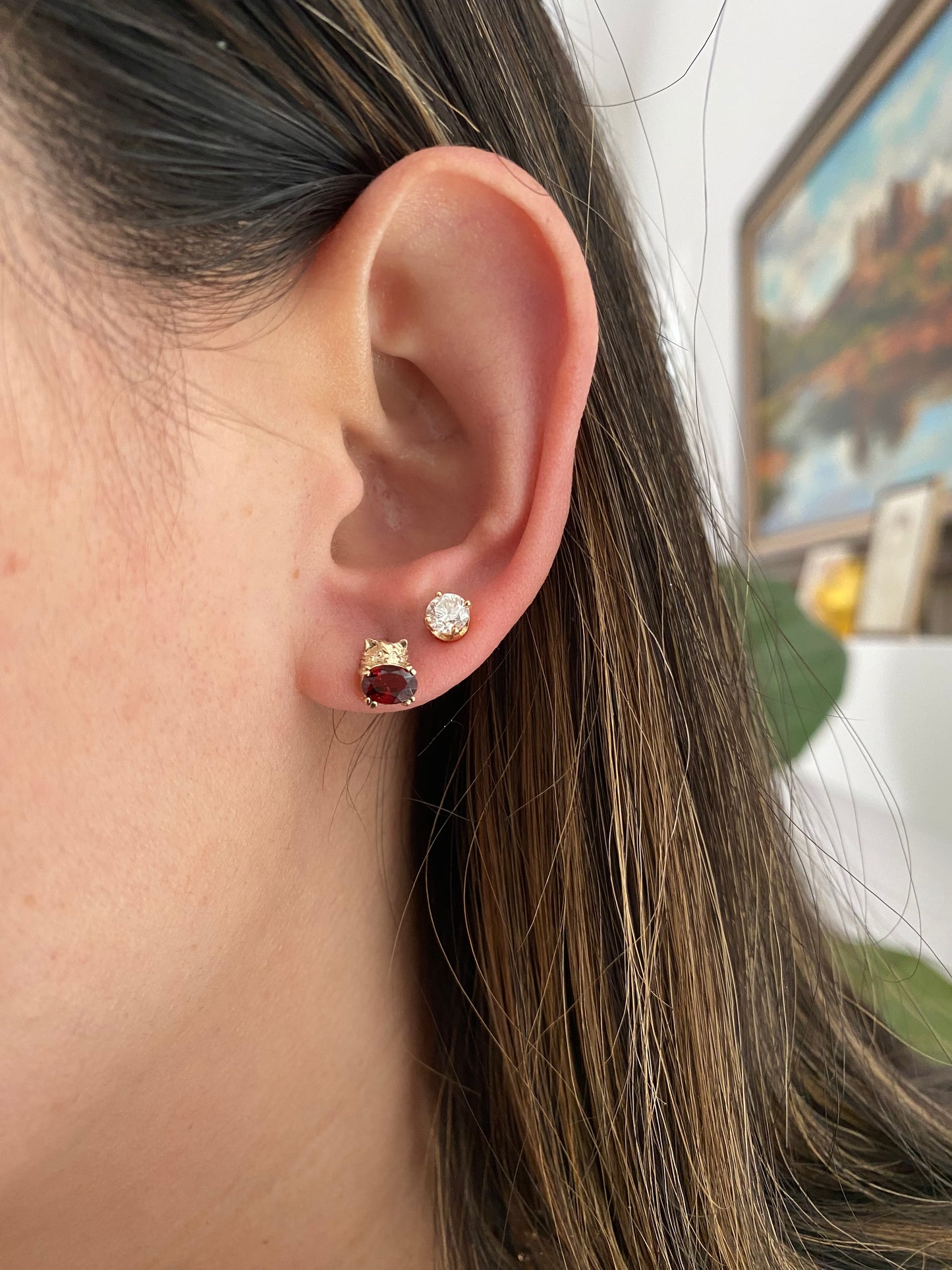 14k Gold Gemstone Kitty Cat Stud Earring