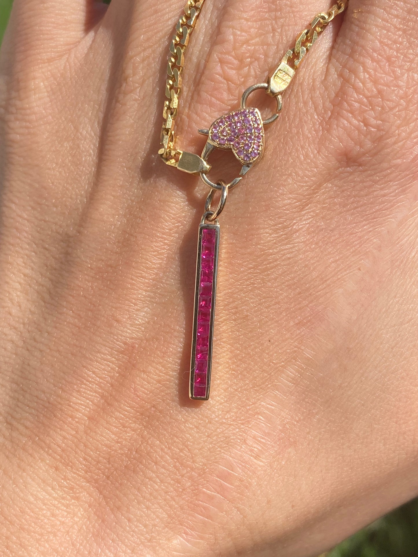 14K Gold 1 Carat Princess Cut Ruby Bar Pendant