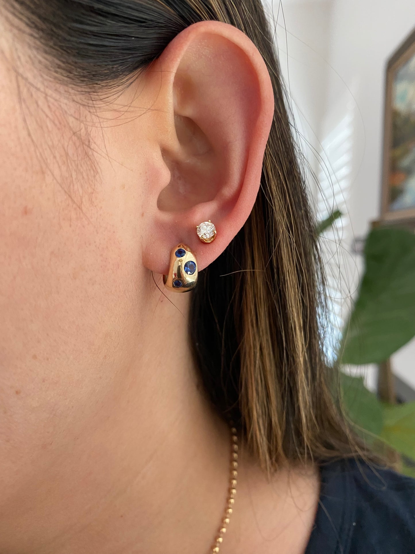 14k Gold Blue Sapphire Chubby Huggie Earrings
