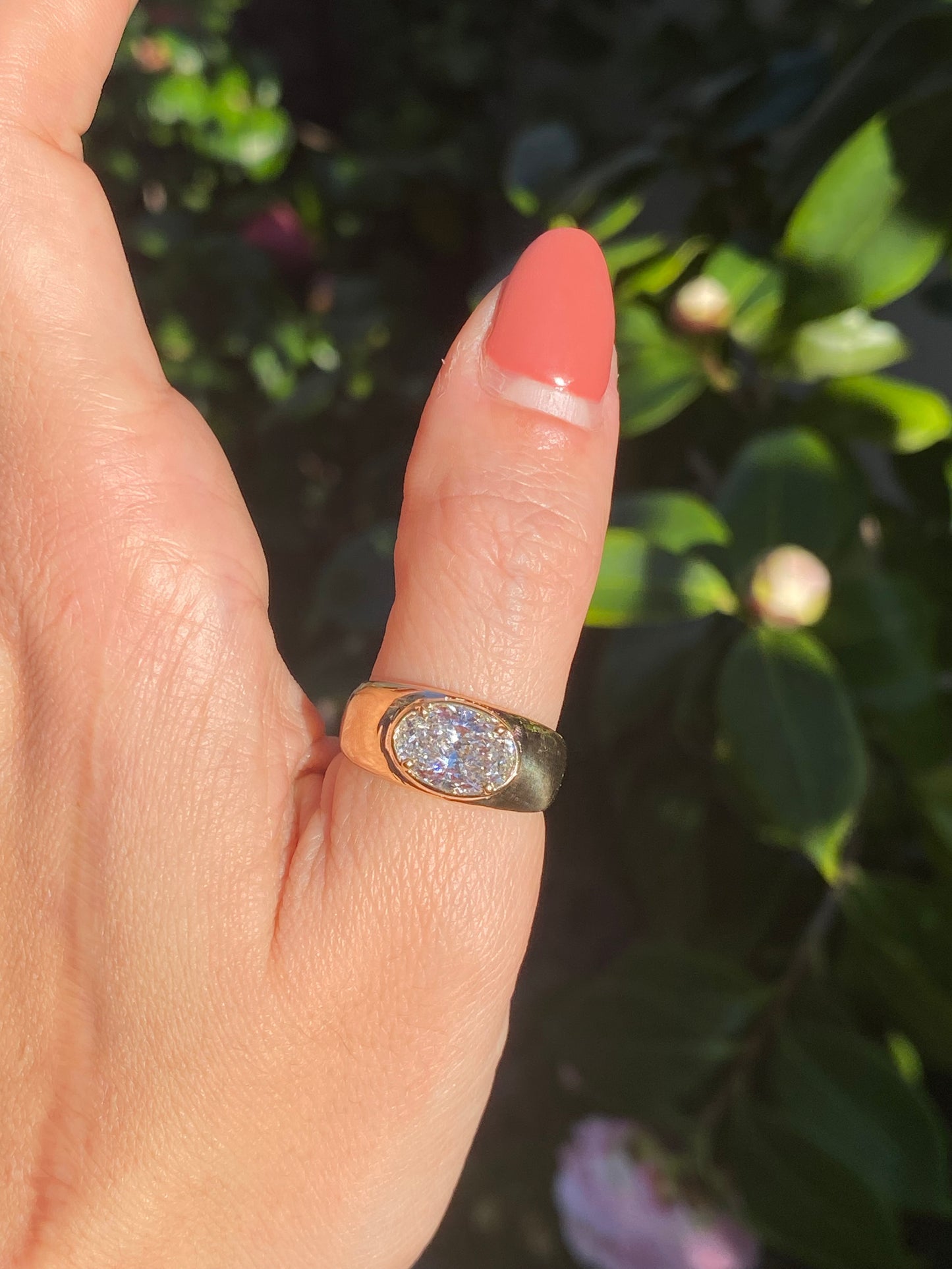 Blossom : 14k Gold Bezel Set Oval Chubby Diamond Ring
