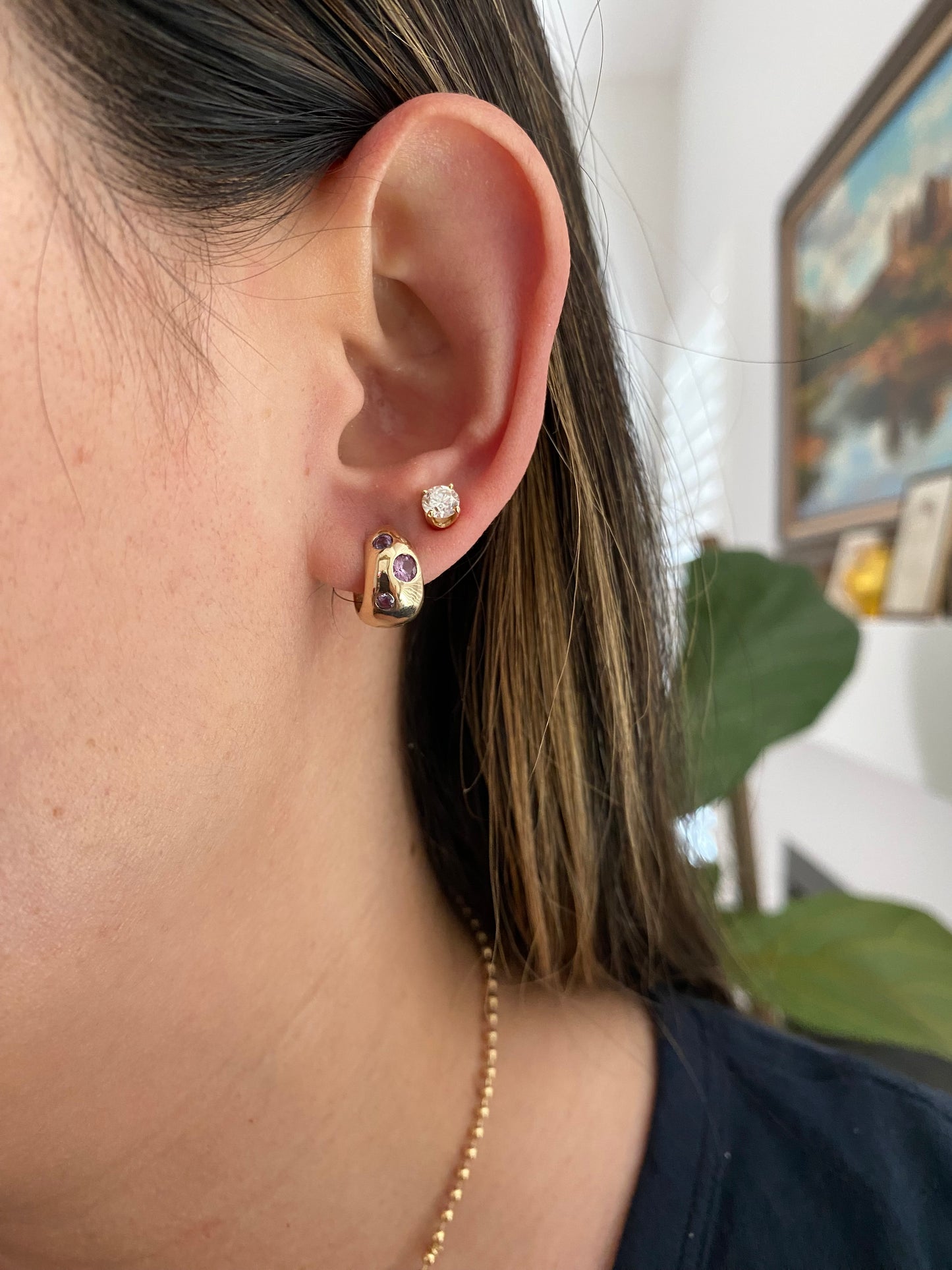 14k Gold Pink Sapphire Chubby Huggie Earrings