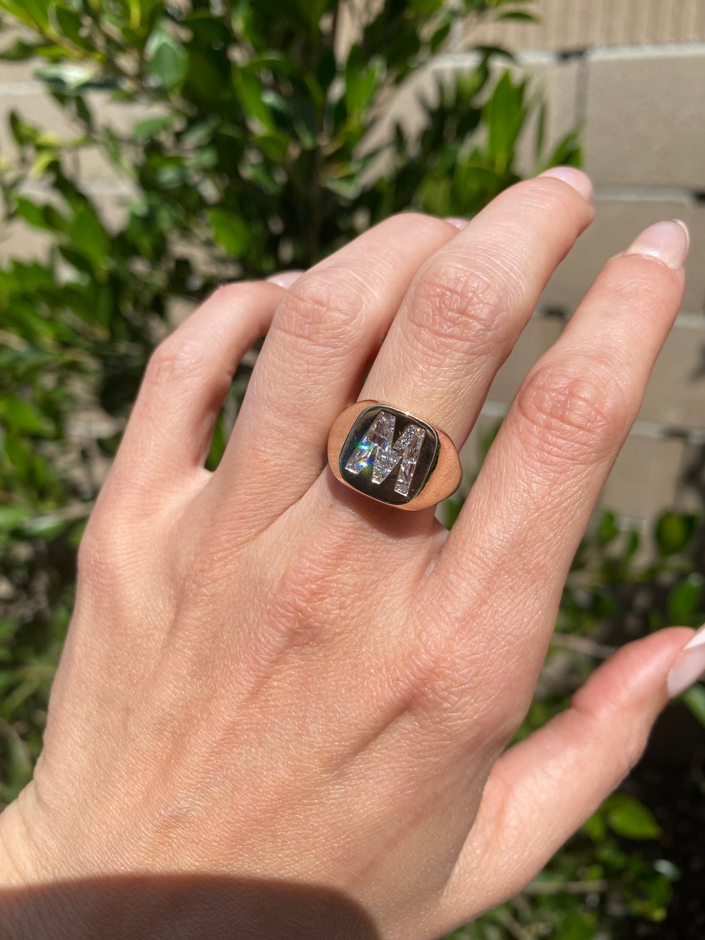 14K Gold Lab Diamond Letter M Signet Ring